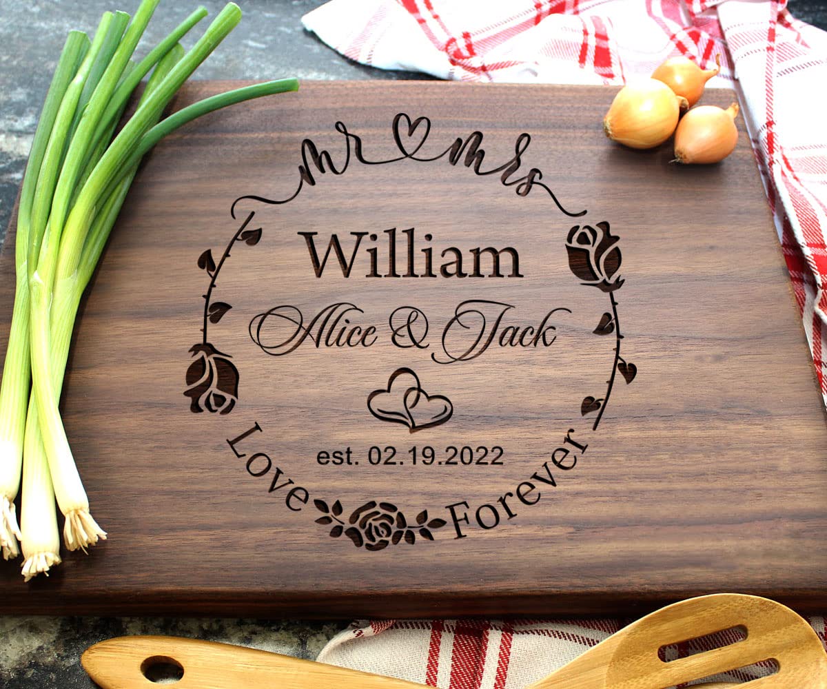 Personalized Wooden Cutting Board for Couples - Custom Engraved Wedding, Anniversary & Christmas Gift - Handmade Kitchen Decor for New Homeowners - Perfect Housewarming, Valentine's Day & Bridal Shower Present - Ideal for Cooking, Serving Charcuterie & Displaying in Modern Kitchens