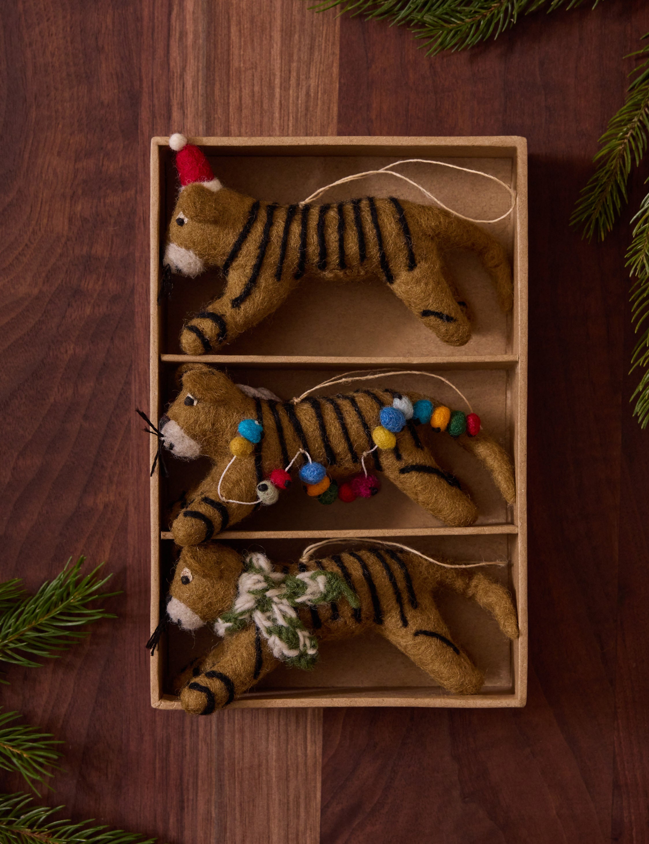 Sarah Sherman Samuel Felt Tiger Trio Ornaments - Set of 3 Handmade Felt Animal Decor for Christmas Tree, Nursery, or Gift Giving