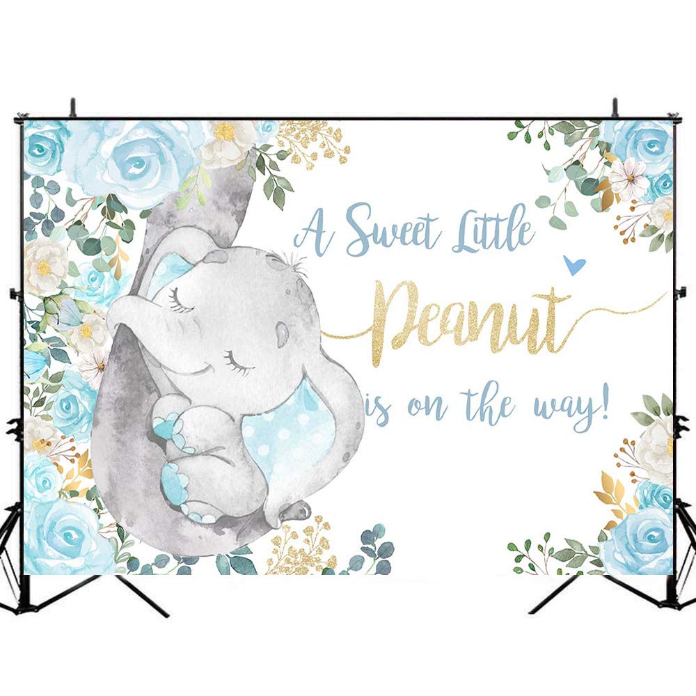 Avezano Blue Floral Jungle Elephant Baby Shower Backdrop - 10x8ft Vinyl Blue & Gold Elephant Theme Party Decor for Boys | Perfect for Baby Showers, Gender Reveals & Nursery Photo Shoots