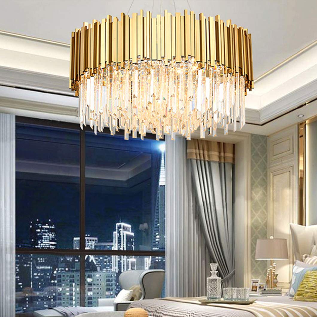 Modern Crystal LED Chandelier - 80cm Round Gold Stainless Steel Ceiling Light Fixture for Dining Room, Living Room & Bedroom | Energy Efficient Hanging Pendant Lamp | Elegant Home Lighting Decor