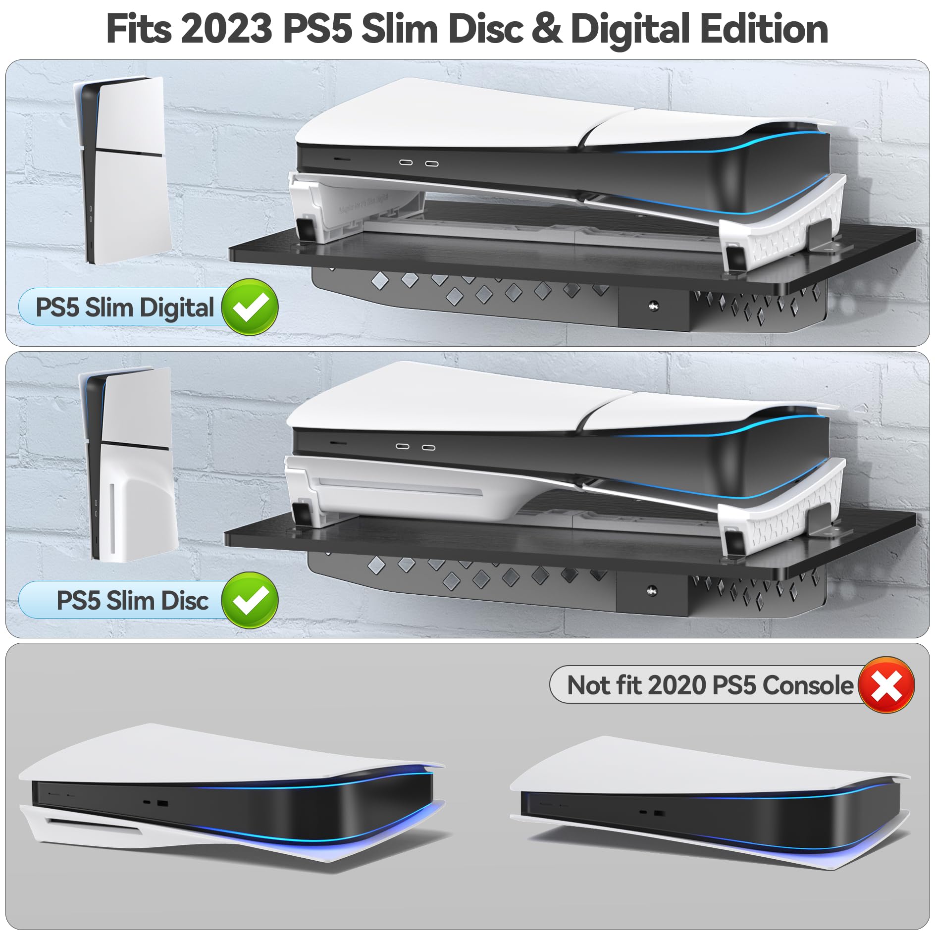 Upgraded PS5 Slim Wall Mount Kit - Horizontal Floating Shelf for PlayStation 5 Slim (Disc & Digital Edition) | Secure Screw Fixing | Space-Saving Gaming Accessories | Perfect for Bedroom, Living Room & Game Room Setup