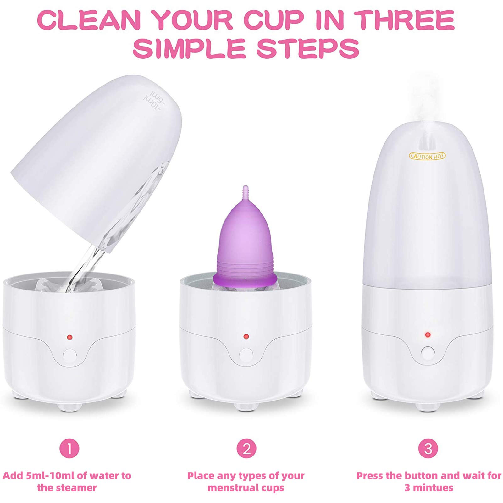 Portable Menstrual Cup Steamer Cleaner with High-Temperature Sterilization - One-Button Control Sanitizer for Reusable Period Cups (Includes 2 Cups) | Perfect for Travel, Camping & Home Hygiene
