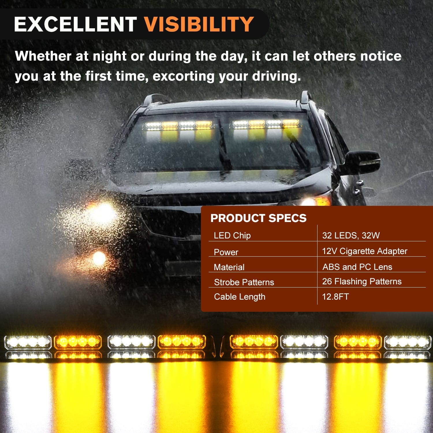 32 LED Amber White Emergency Dash Strobe Lights with Controller & Suction Cups - Vehicle Safety Warning Lights for Trucks, Police Cars, Construction Vehicles