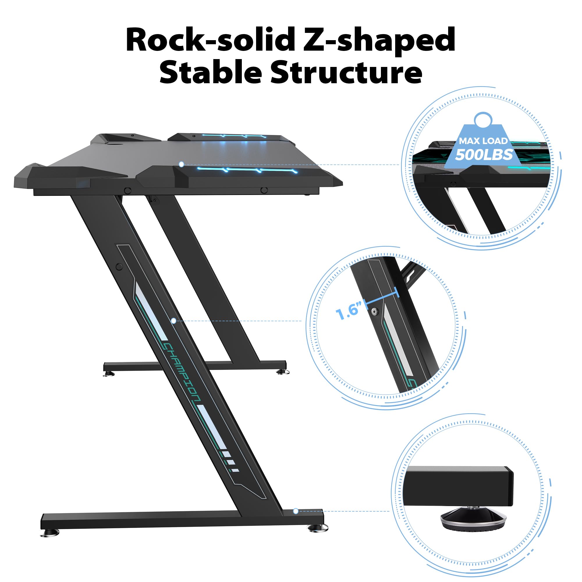 EUREKA ERGONOMIC Z-Shaped LED Gaming Computer Desk - 60 Inch Large Black PC Gaming Table with Mouse Pad | Perfect for Home Office, Streaming Setup & Esports Gaming