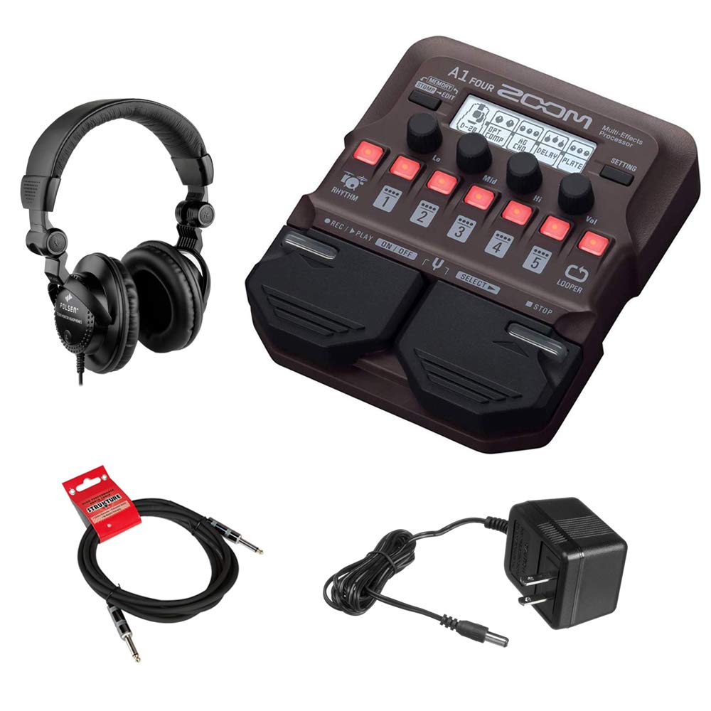 Zoom A1 Four Multi-Effect Guitar Processor Bundle with Polsen HPC-A30 Studio Monitor Headphones, 9V Power Adapter & 10ft Instrument Cable - Perfect for Home Recording, Live Performances & Guitar Practice