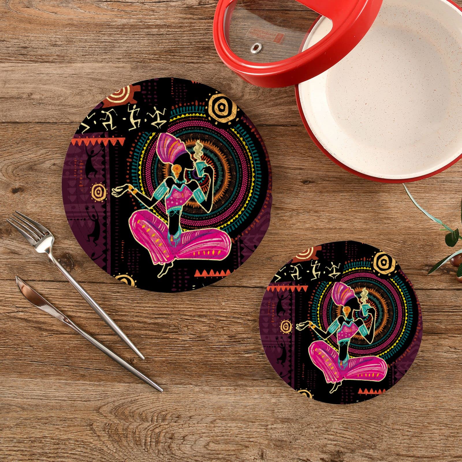 African Ethnic Woman Pot Holders & Trivets Set of 2 - Heat Resistant Round Geometric Cotton Weave Trivet Mats for Hot Pads, Pans, Pots & Teapots - Perfect for Kitchen Decor & Protecting Countertops from Hot Dishes