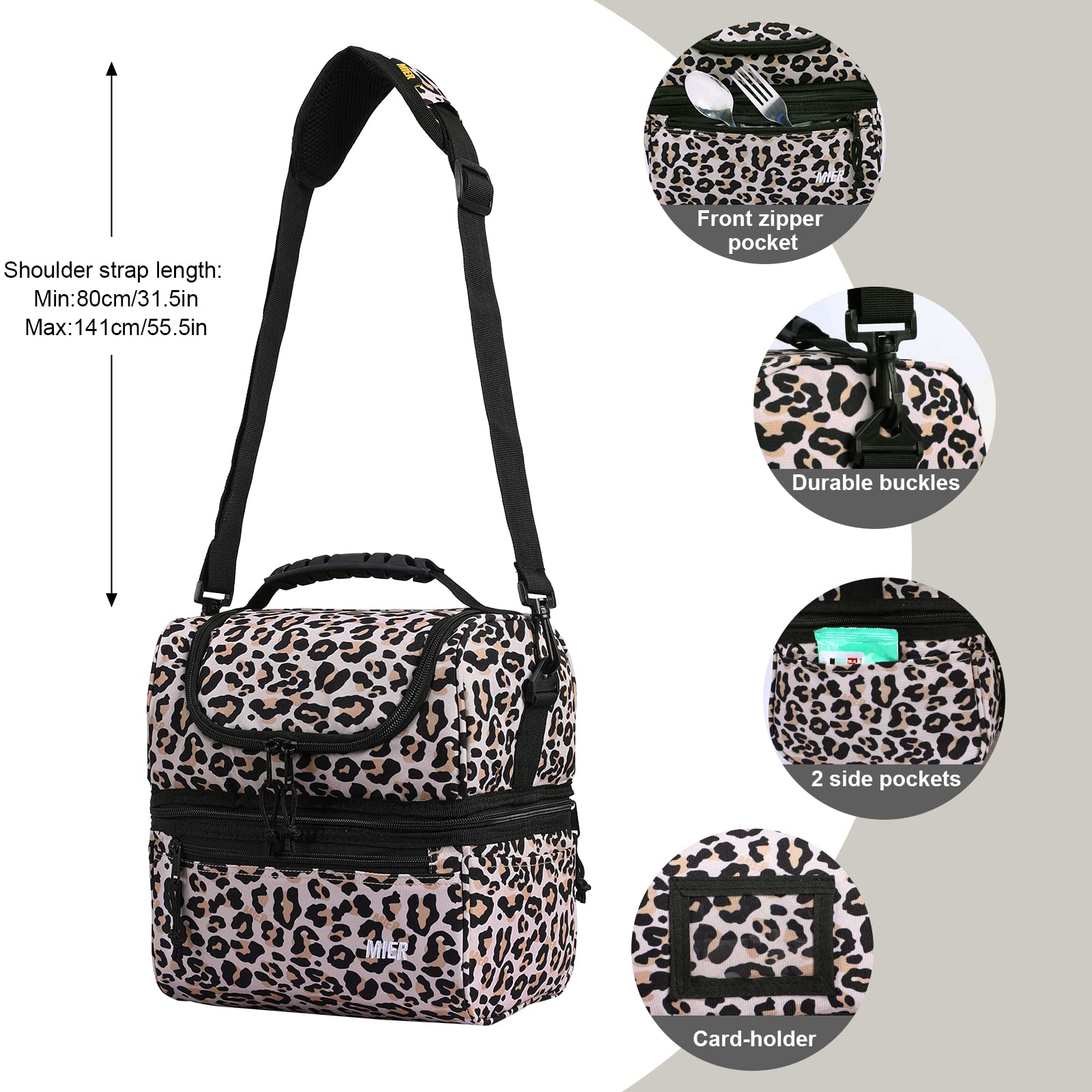 MIER Insulated Lunch Bag for Adults - Large Double Deck Cooler Tote for Women & Men, Leopard Print (Perfect for Work, Picnics & Outdoor Activities)
