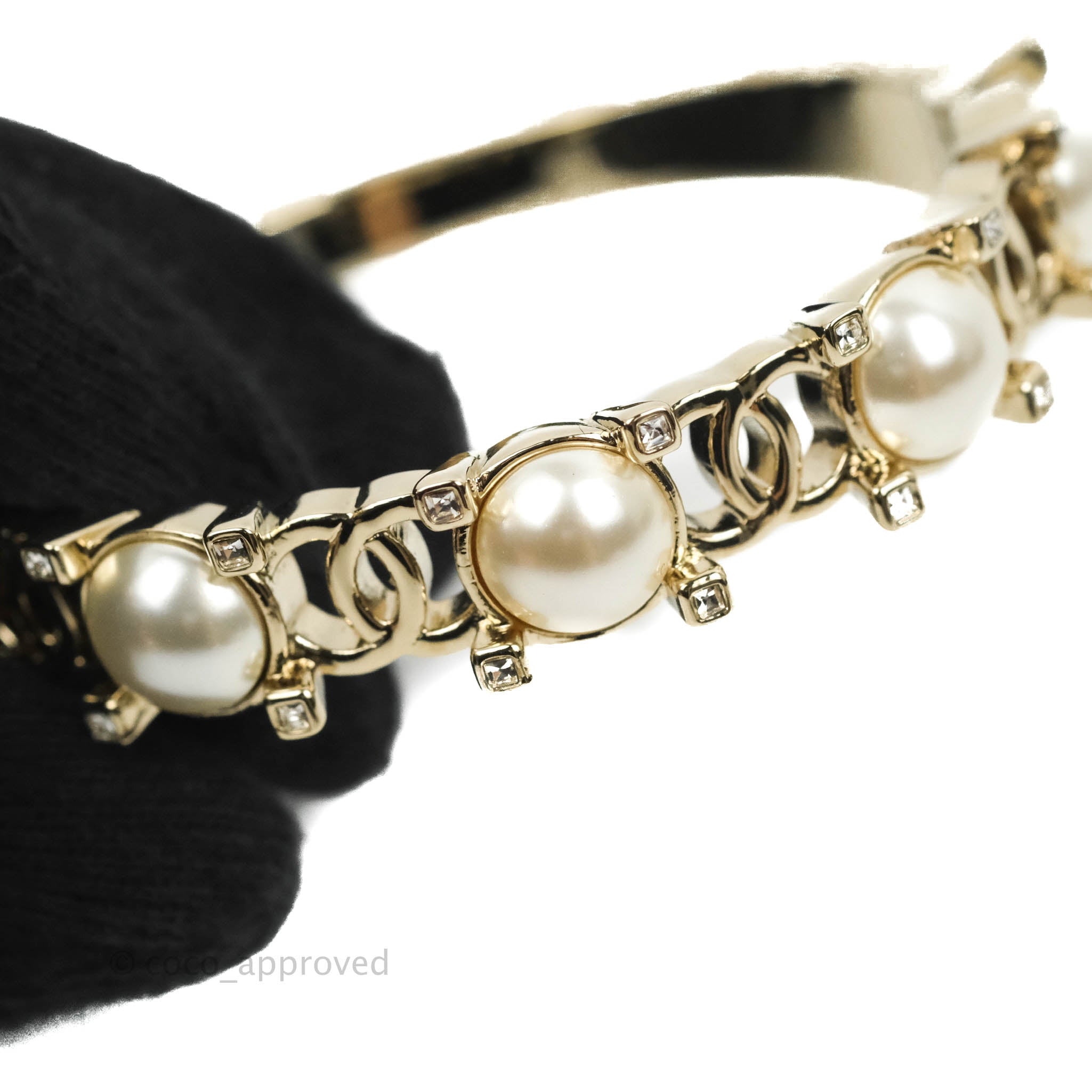 Chanel CC Crystal Pearl Bracelet in Gold Tone - Elegant Fashion Jewelry for Women, Perfect for Parties, Weddings & Special Occasions