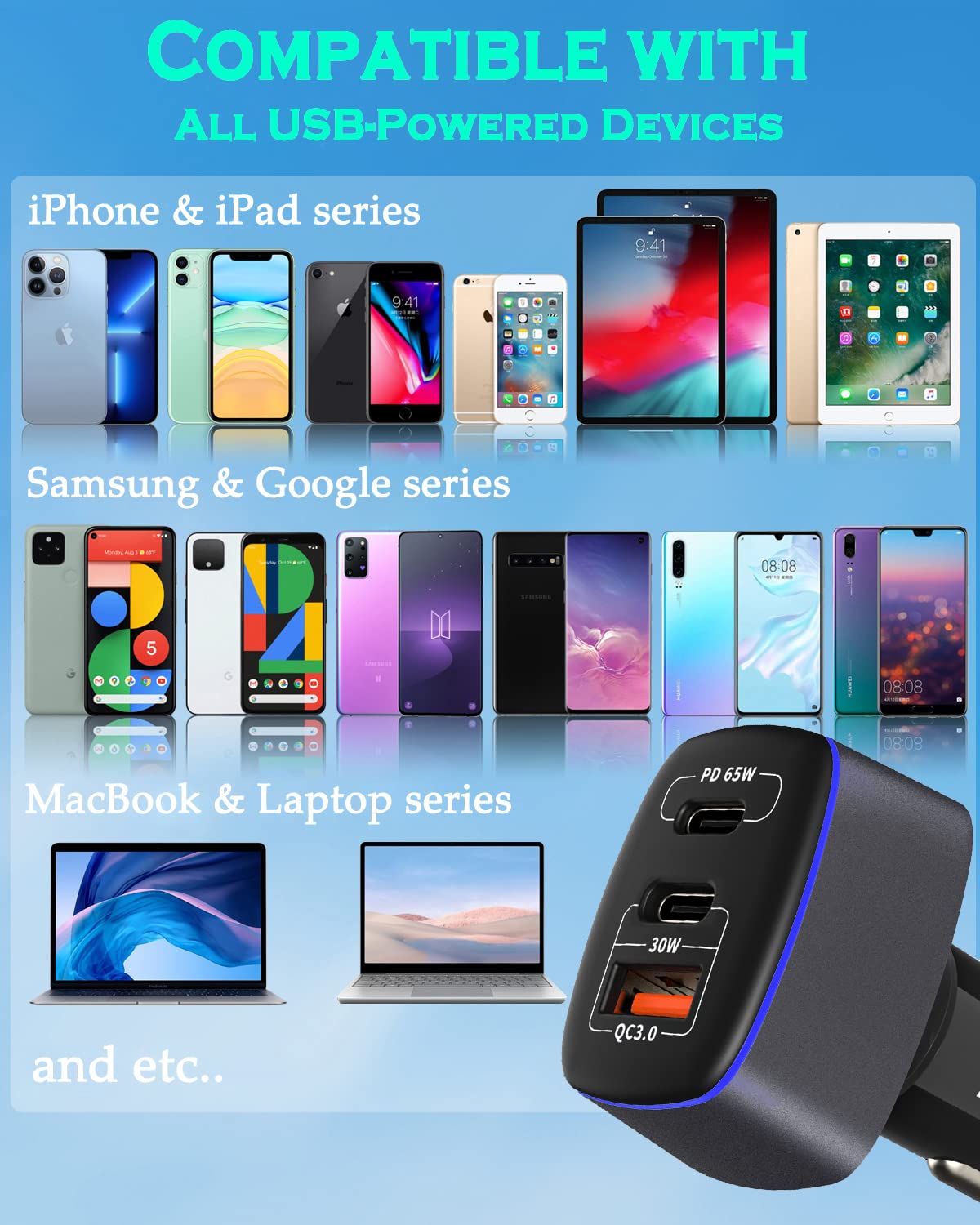 95W USB C Car Charger with 3 Ports - 65W PD, 55W PPS & 30W QC3.0 Fast Charging - Compatible with iPhone 14/13/12/11 Pro Max, Samsung Galaxy, Google Pixel, MacBook, Laptop, iPad - Includes Type-C Cable - Perfect for Road Trips, Commuting & Multi-Device Charging on the Go