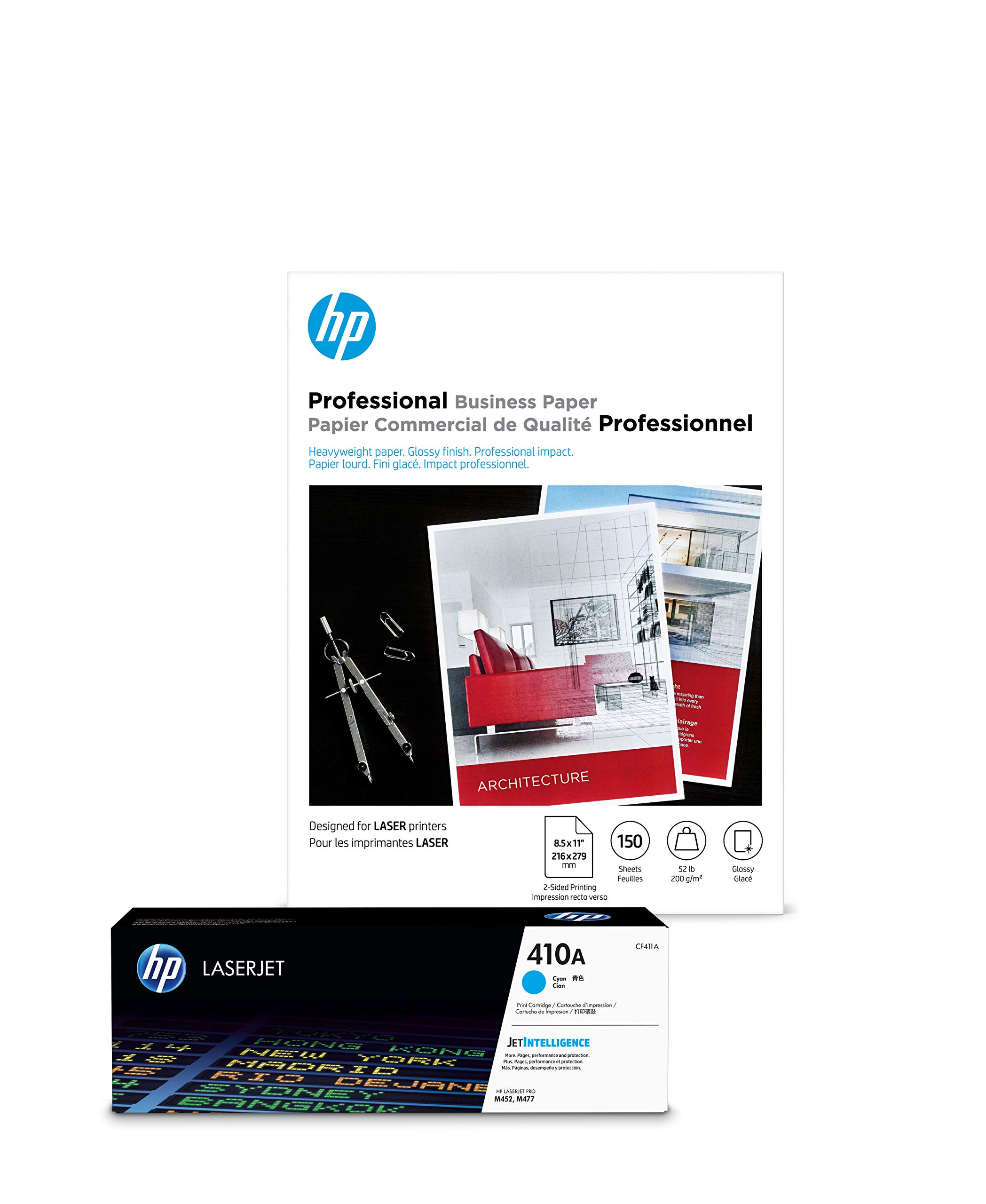 HP 410A Cyan Toner Cartridge & HP Professional Glossy Laser Paper - 8.5 x 11 Inches, 150 Sheets | High-Quality Printing for Office Documents, Presentations & Photo Projects