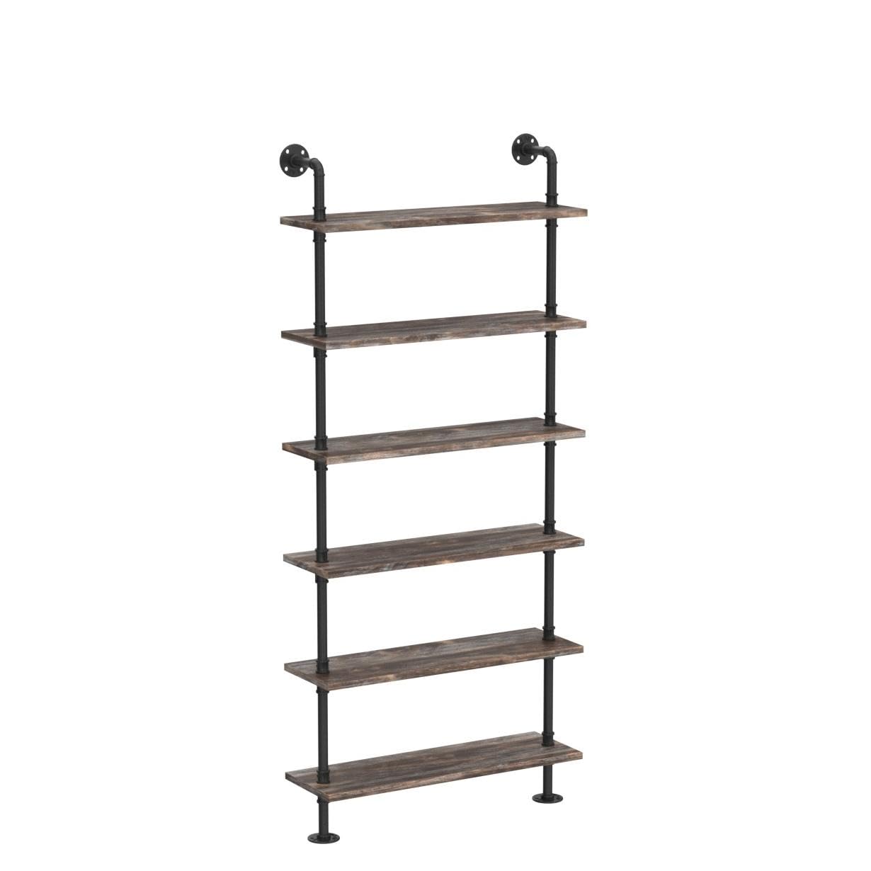 Industrial Pipe Shelves - Rustic Wood Ladder Bookshelf Wall Mounted Shelf for Living Room Decor & Storage (32in, 6 Layers) - Perfect for Home Office, Bedroom, and Kitchen Organization