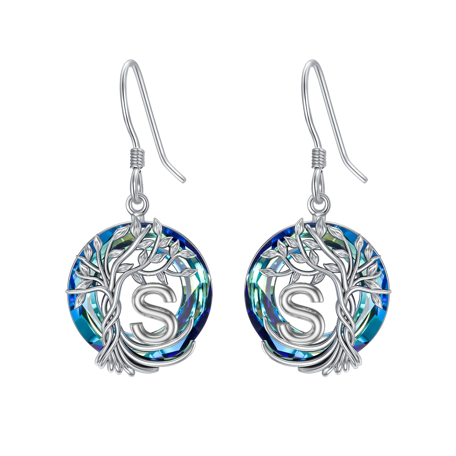 TOUPOP Tree of Life Initial Earrings - 925 Sterling Silver A-Z Letter Drop Dangle Earrings with Blue Circle Crystal | Valentine's Day, Anniversary & Birthday Gifts for Women, Girlfriend & Mom | Perfect for Date Night, Wedding & Special Occasions