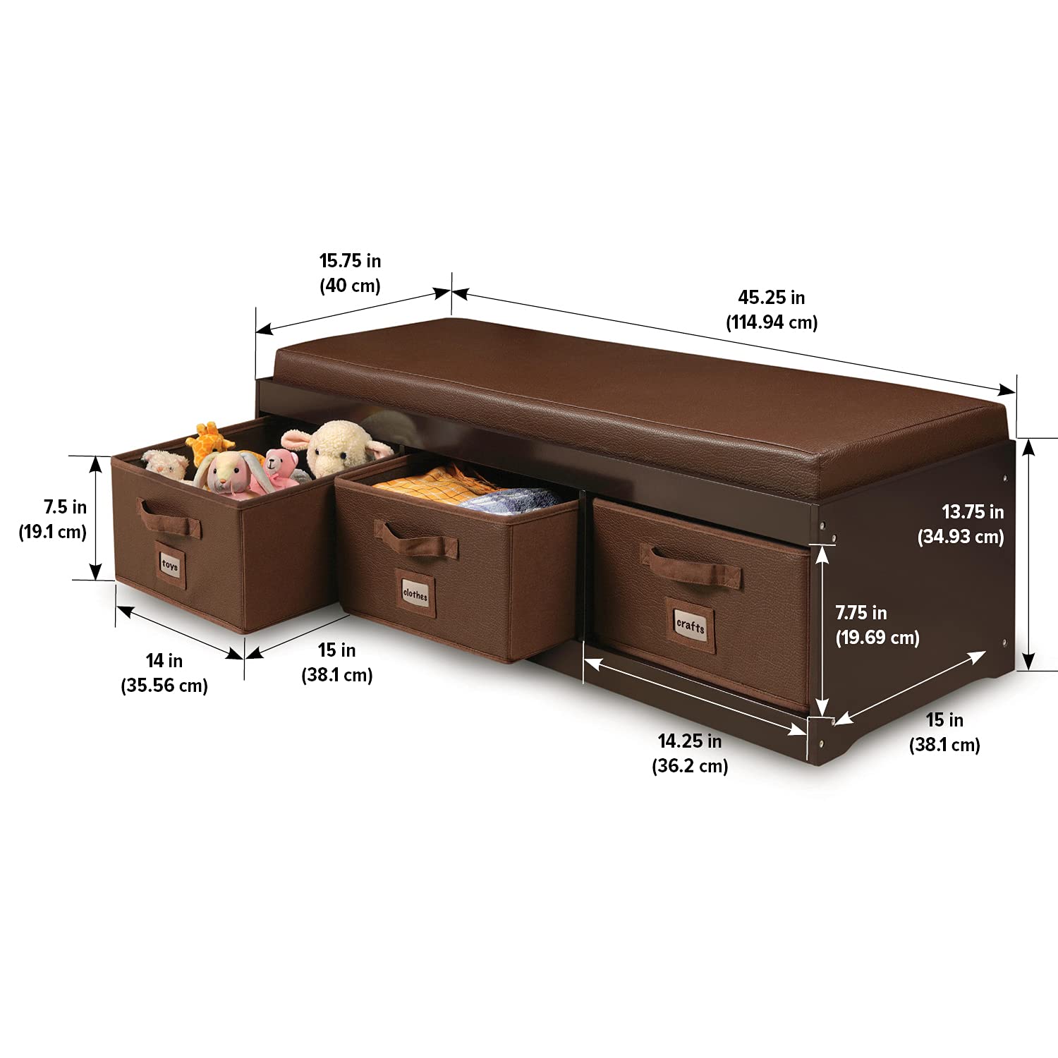 Badger Basket Kids Toy Storage Bench with Cushion & 3 Fabric Bins - Espresso Brown - Organize Playroom, Nursery or Bedroom Toys - Perfect for Home, Daycare & Preschool