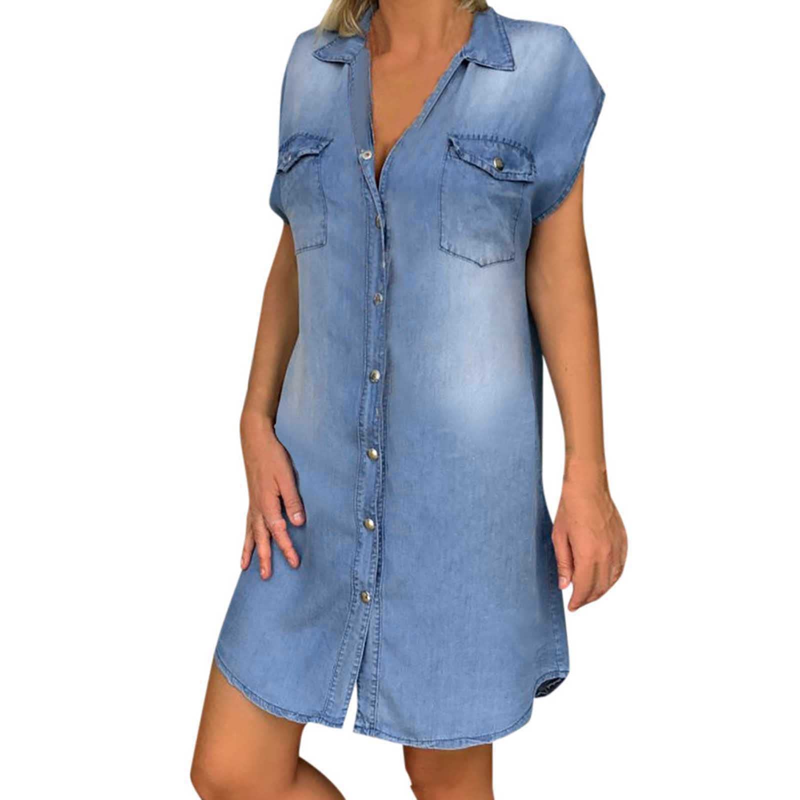 **Dgoopd Women's 2022 Cap Sleeve Denim Shirt Dress – Distressed Lapel Button Down Mini Jean Dress with Pockets | Casual Outfit, Summer Wear, Street Style Fashion**