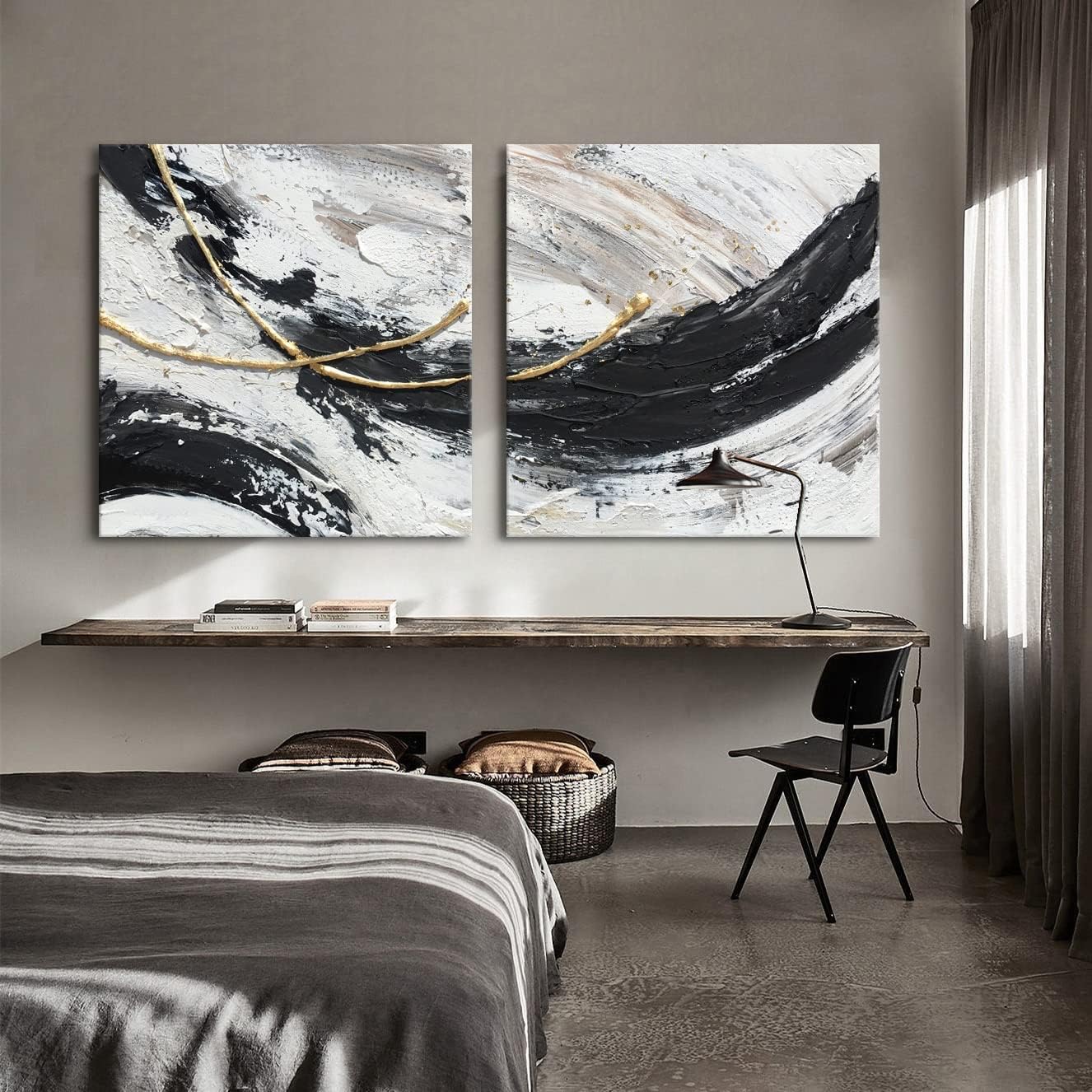 100% Hand Painted Black and White Abstract Wall Art - Modern Canvas Mural for Bedroom, Living Room & Kitchen | Two-Piece Contemporary Wall Hanging Decor | Perfect for Home, Office & Cafe Interior Design