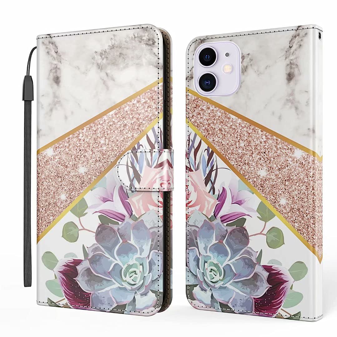 Magnetic Wallet Case for iPhone 11 (6.1 Inch) - PU Leather Flip Cover with Card Holder, Kickstand & Shockproof TPU Bumper - Flower Marble Design - Perfect for Daily Use, Travel & Hands-Free Viewing