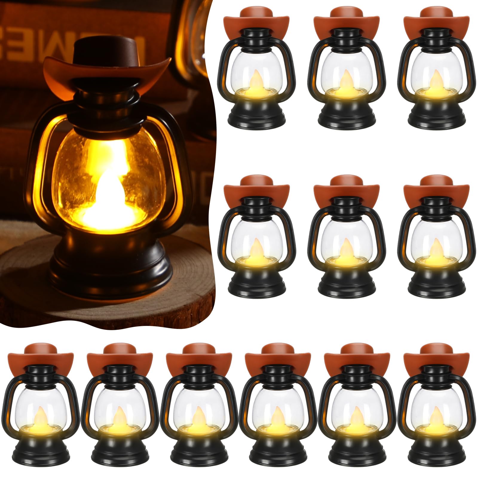 ROCEEI 12 Pack Mini Cowboy Hat Lanterns - Western Cowgirl LED Candle Hanging Decor, Vintage Tiny Table Lamp for Wedding, Birthday Party, Home Centerpiece (Brown) - Perfect for Rustic, Country & Western Themed Events