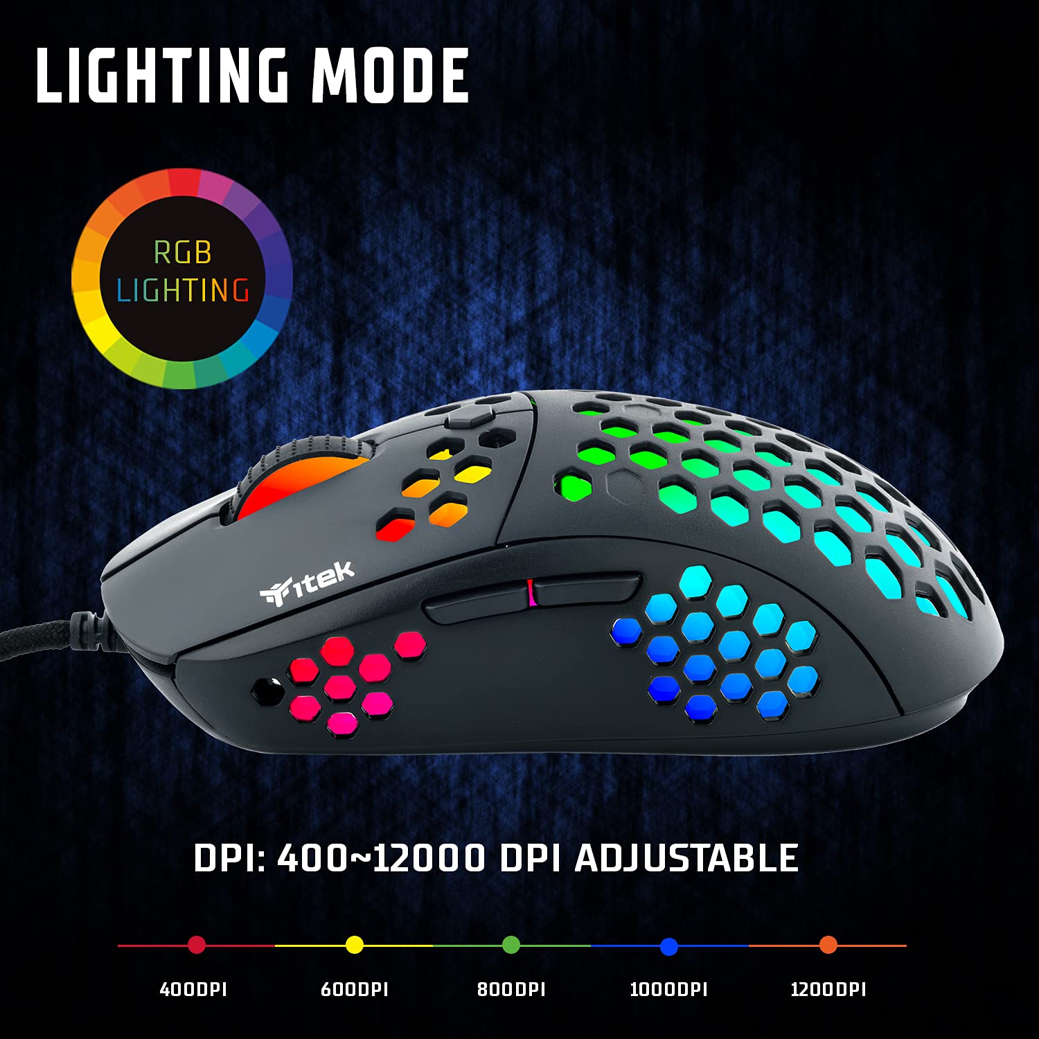 Itek G71 Gaming Mouse - 12000 DPI, RGB Lighting, P3327 Sensor, Ultra-Light Honeycomb Design - Perfect for FPS, MOBA & Esports Gaming