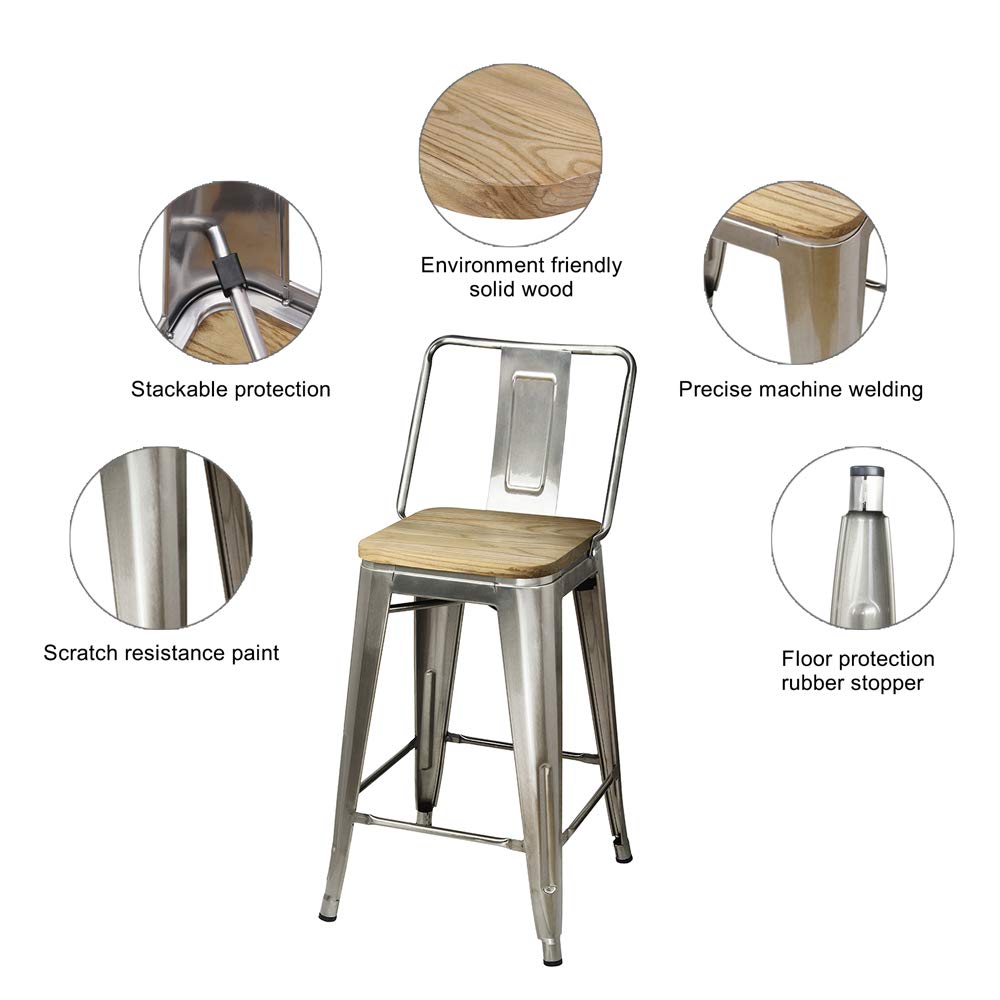 GIA 24-Inch Counter Height Bar Stools Set of 2 - Gunmetal Frame with Light Wood Seat - Modern Kitchen Island & Breakfast Nook Stools