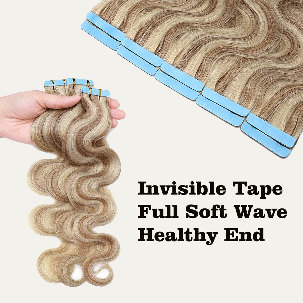 Benehair Remy Tape in Hair Extensions 20 Inch - 100g Human Hair Weft #12P613 (40pcs) - Golden Brown & Bleach Blonde Wavy Hair for Seamless Blending - Perfect for Parties, Weddings & Daily Styling