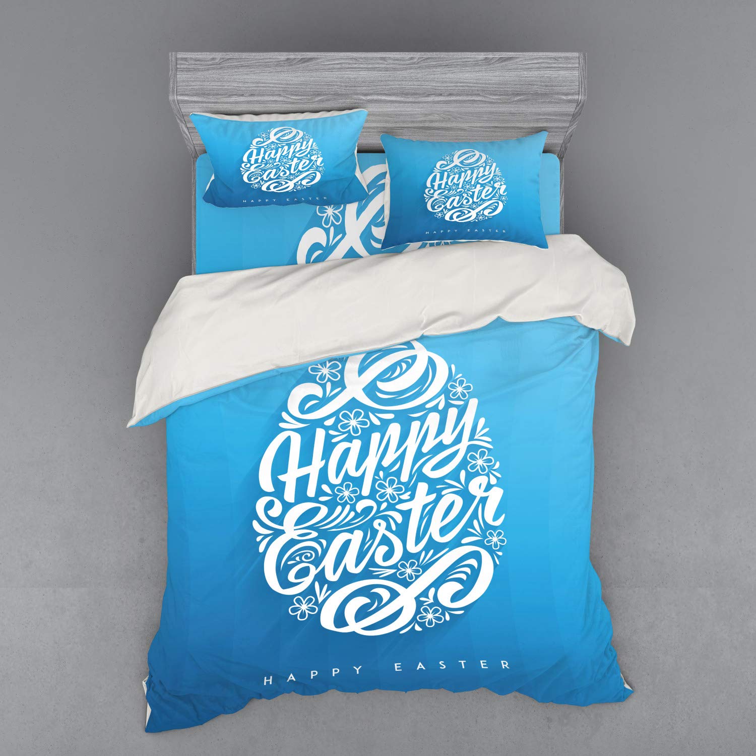 Ambesonne Easter Duvet Cover Set - Blooming Floral Design with Swirls & Hand Lettering, 4-Piece Queen Size Bedding Set with Shams & Fitted Sheet in Azure Blue & White - Perfect for Spring Decor, Easter Celebrations & Cozy Bedroom Makeovers