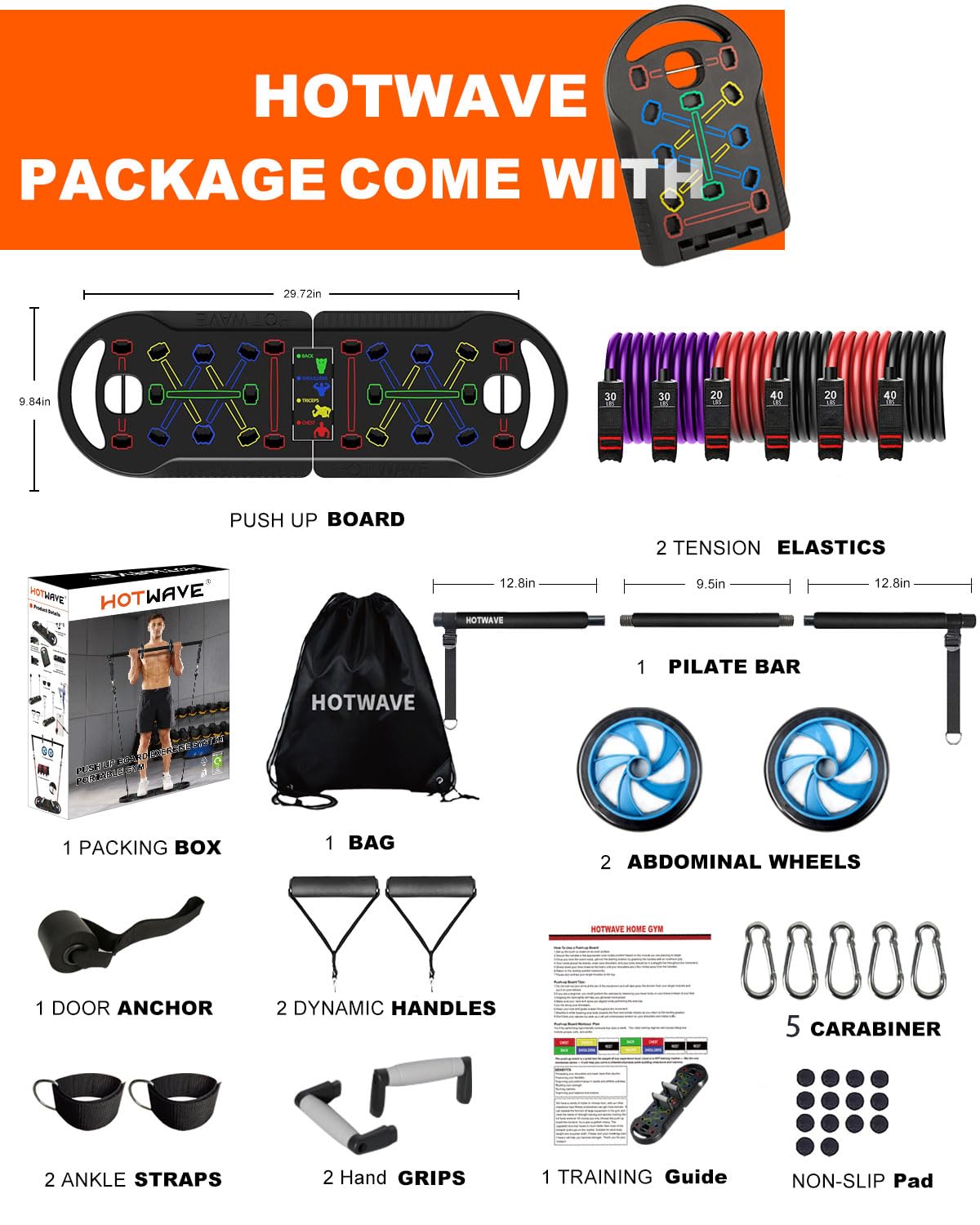 HotWave 20-in-1 Portable Home Gym Set with Push Up Board, Resistance Bands & Ab Roller Wheel - 16 Piece Fitness Equipment for Full Body Workout at Home, Travel & Small Spaces