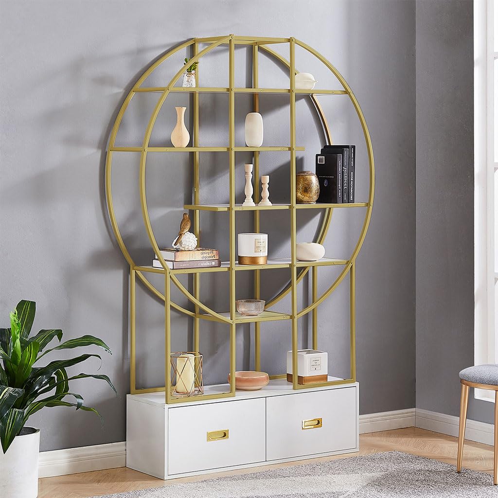 5 Tier Bookshelf with 2 Drawer File Cabinet - 70.8 Inch Round Office Bookshelf, Wood & Metal Storage Organizer for Home Office, Living Room, Bedroom - Perfect for Organizing Books, Files, and Decorative Items