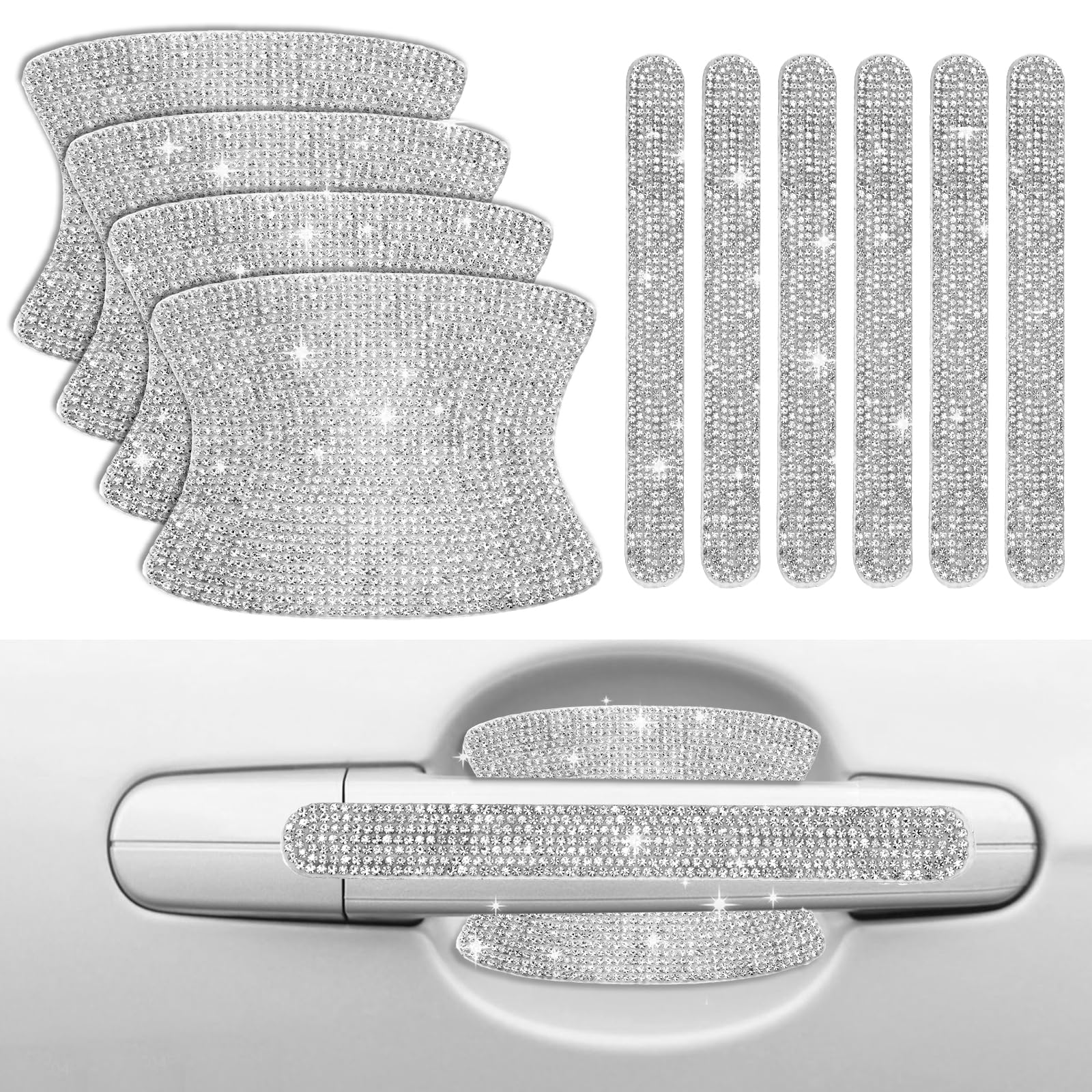 10PCS Crystal Car Door Handle Protectors - Silver Rhinestone Anti-Scratch Stickers | Bling Auto Accessories for Women | Perfect for Luxury Cars, Daily Commuting & Gift Giving