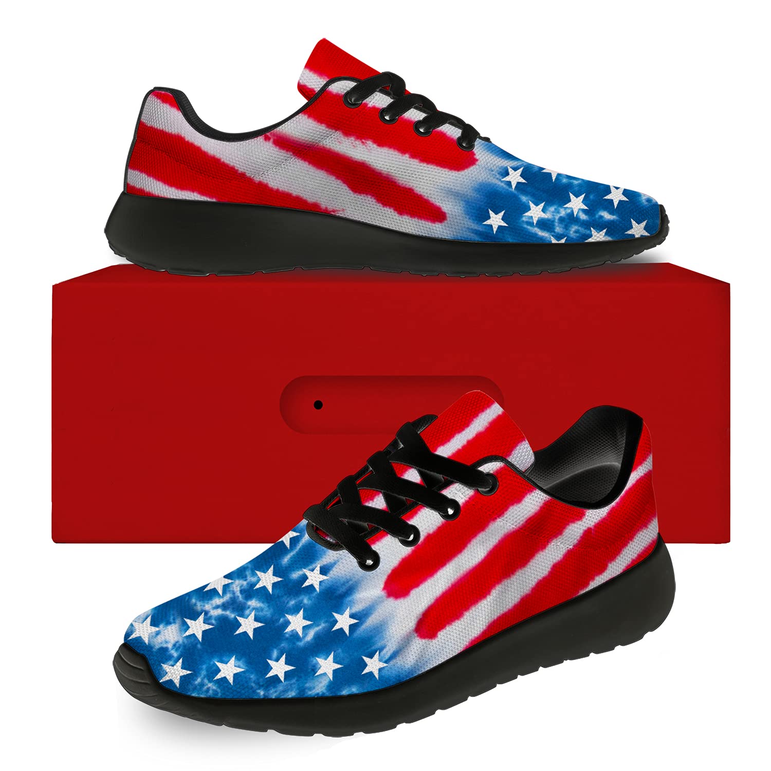 **American Flag Patriotic Sneakers - Red Blue Tie Dye Striped Running & Walking Shoes for Men & Women - Size 12 Men/15 Women - Perfect for 4th of July, Independence Day & Outdoor Activities**