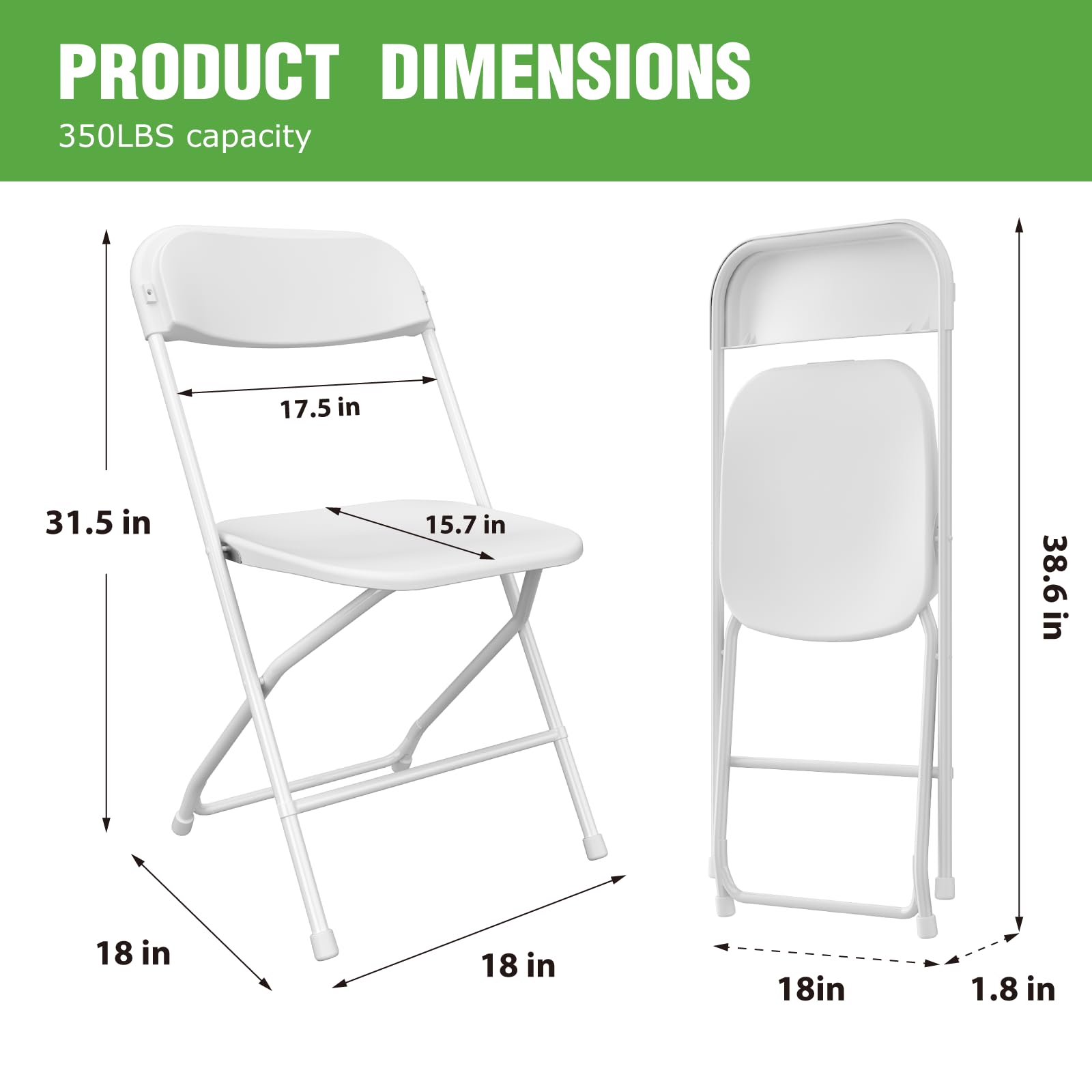 10 Pack White Plastic Folding Chairs - Heavy Duty 350lb Capacity Stackable Chairs with Steel Frame for Indoor/Outdoor Use - Perfect for Weddings, Parties, Dining, School Events & Commercial Spaces