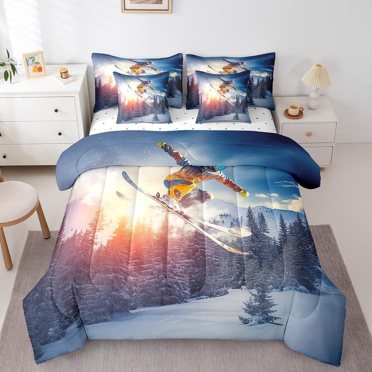 Boys Skiing Comforter Set - 7 Piece Extreme Sport Queen Bed in a Bag | Snow Field Ski & Skate All Season Bedding Set with Comforter, Sheets & Pillowcases | Perfect for Winter Sports Enthusiasts & Kids' Adventure-Themed Bedrooms