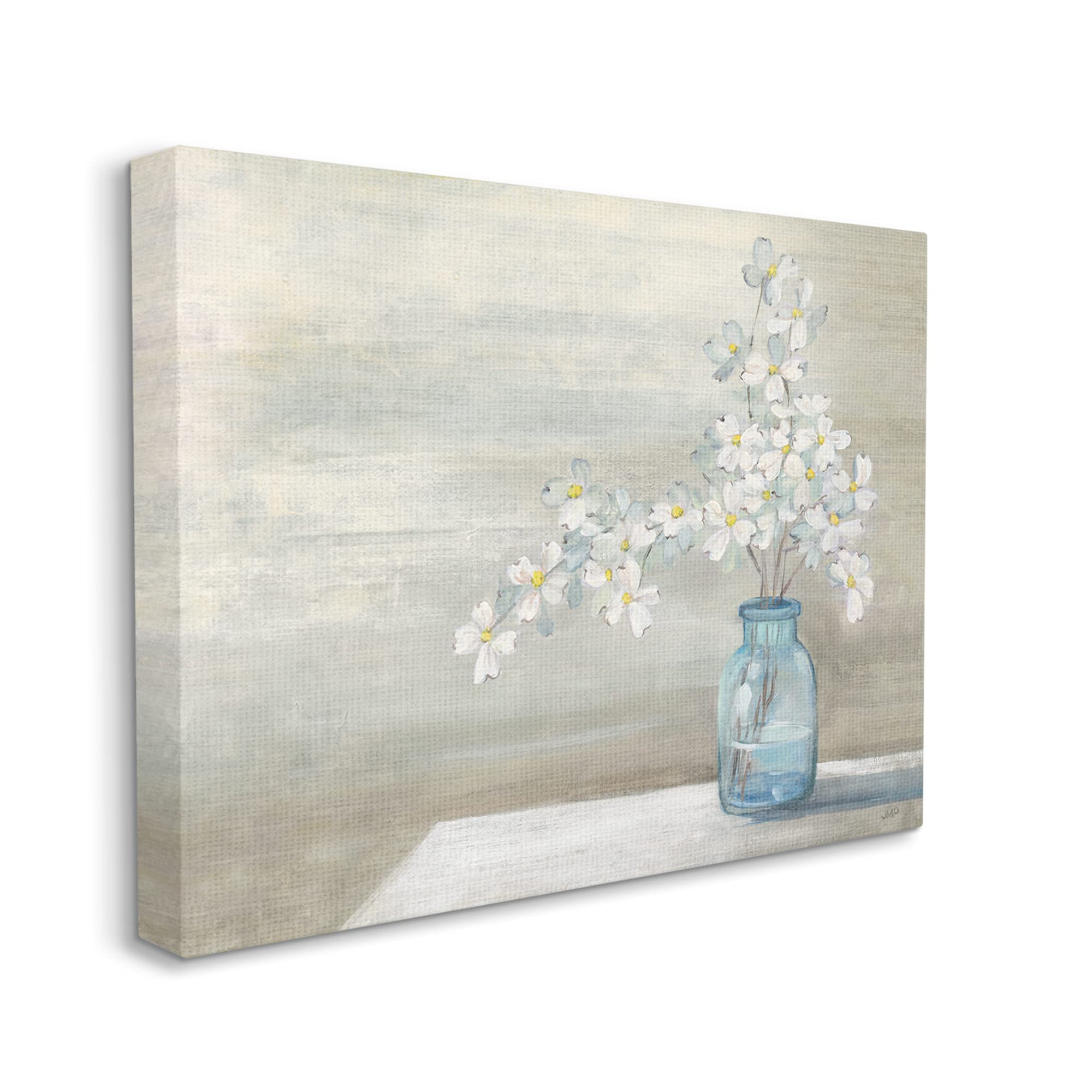 Stupell Industries Classic Dogwood White Florals Blue Jar Country Flowers Canvas Wall Art - 48x36 Inches, Brown Frame - Farmhouse Decor by Julia Purinton - Perfect for Living Room, Bedroom & Office Decor
