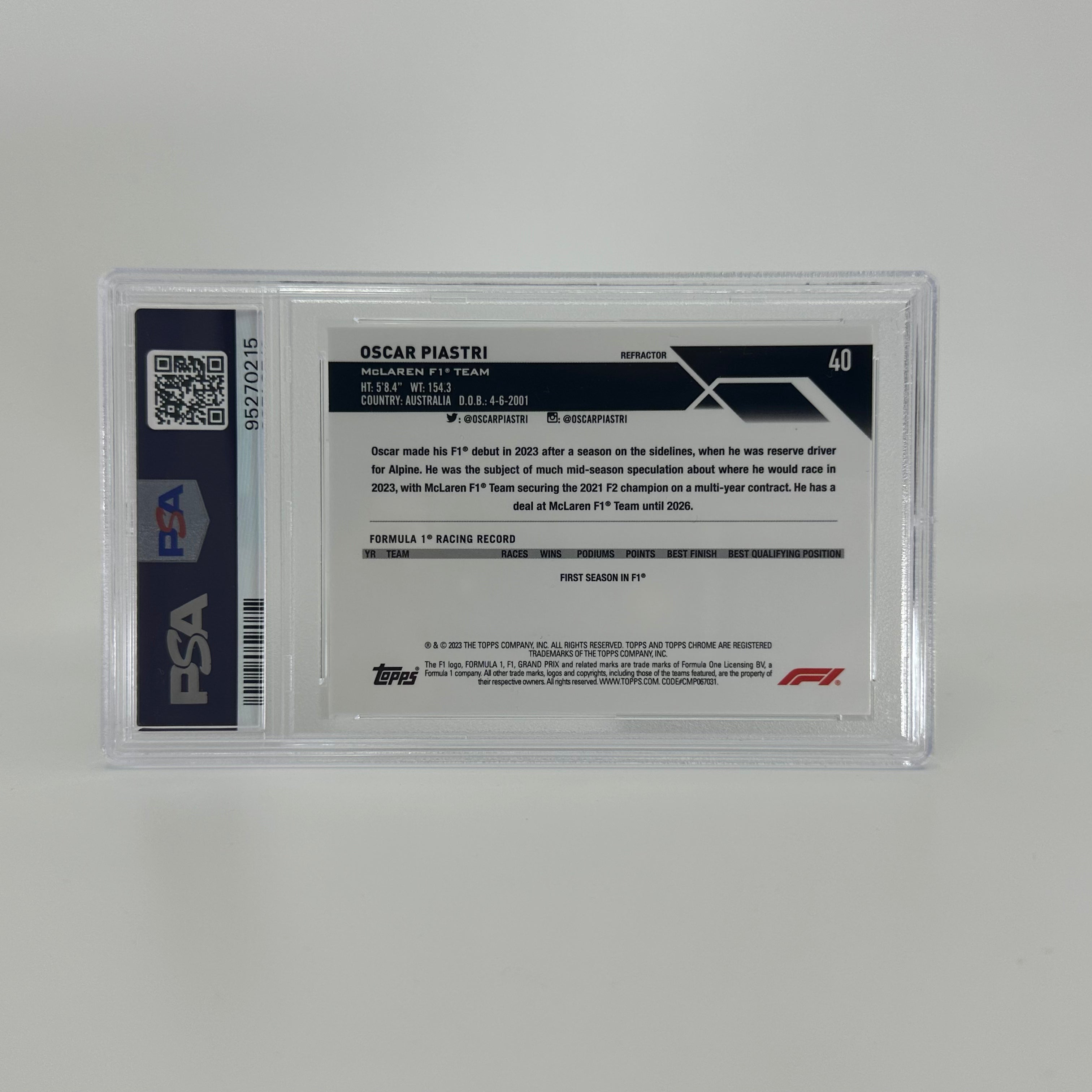 2023 Topps Chrome Oscar Piastri #40 Rookie Refractor Card PSA 8 - Perfect for Collectors, Sports Memorabilia Enthusiasts, and F1 Racing Fans