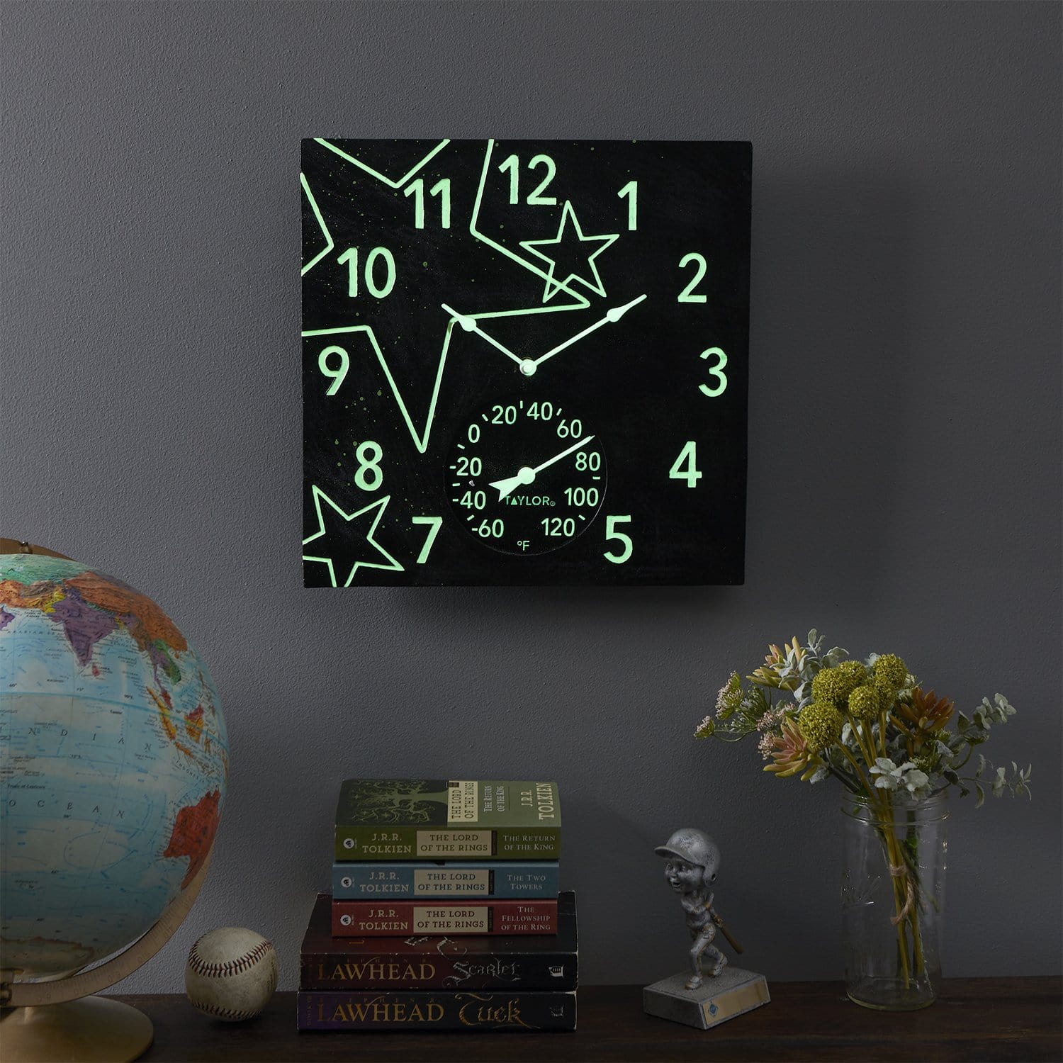 14x14 Midnight Stars Glow in the Dark Wall Clock with Thermometer - Perfect for Bedroom, Kids Room & Home Decor at Night