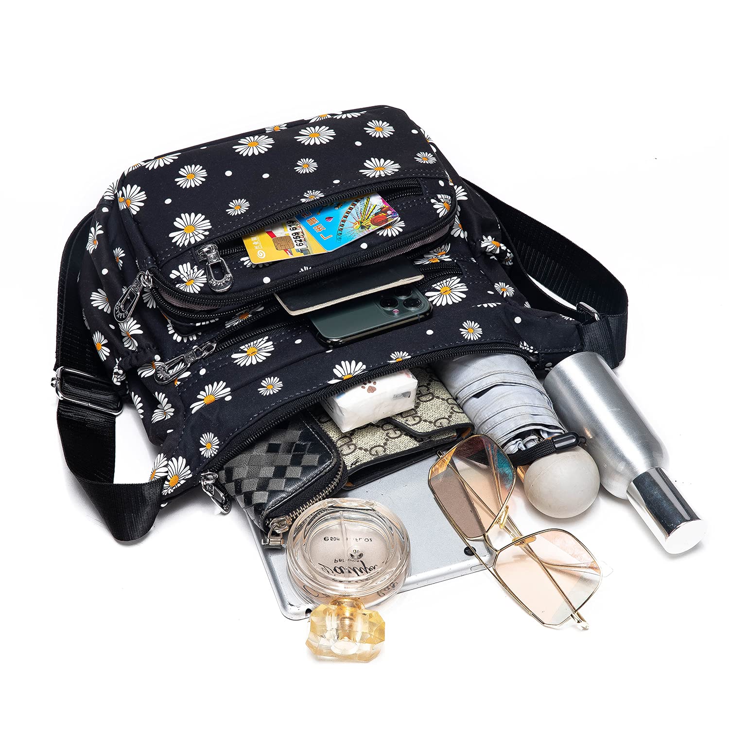 Stylish Nylon Floral Crossbody Bag for Women - Multi-Pocket Shoulder Purse with Adjustable Strap - Perfect for Travel, Shopping & Everyday Use