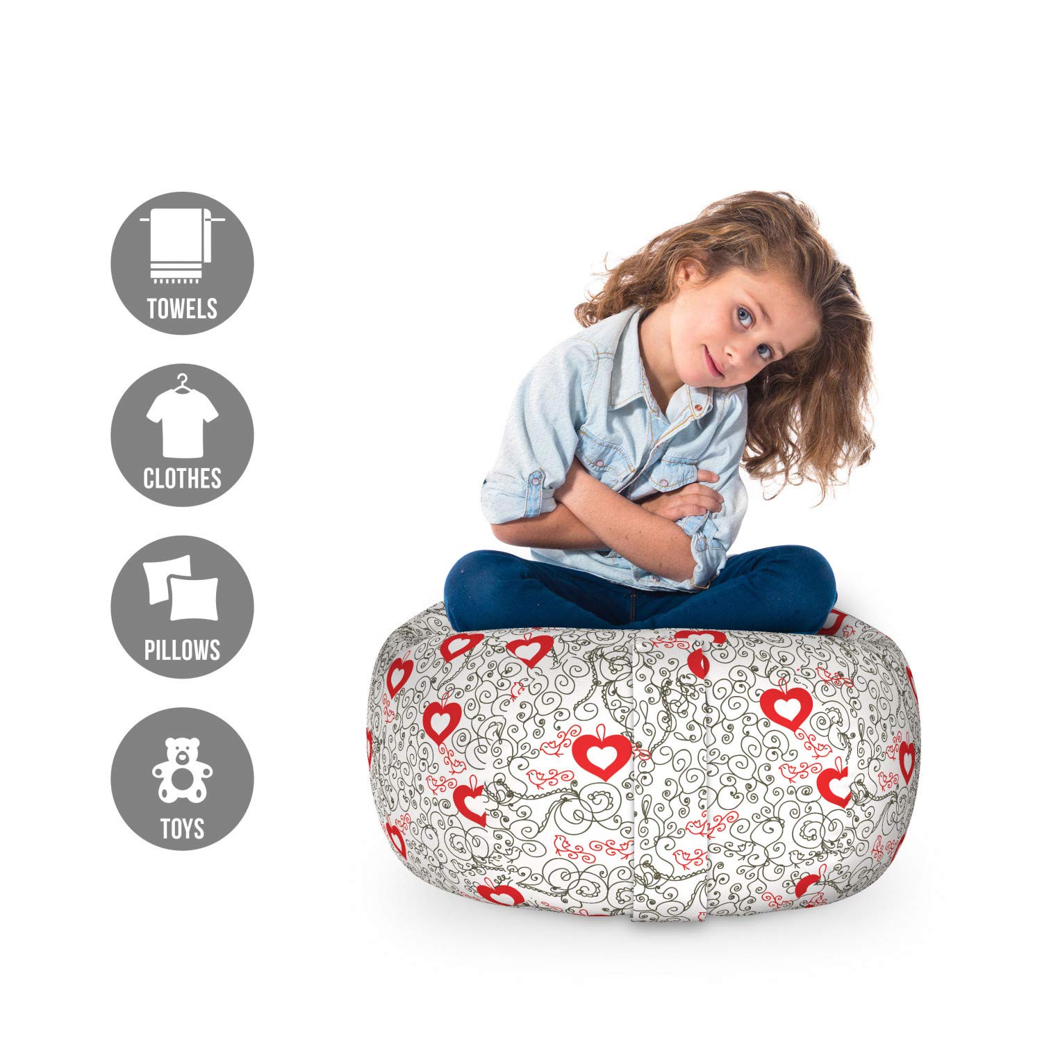 Ambesonne Valentine's Day Storage Toy Bag Chair - Romantic Abstract Hearts Birds Swirls Pattern, Washable Stuffed Animal Organizer for Kids Room, Small Size Vermilion & Black - Perfect for Nursery, Playroom & Gift Giving
