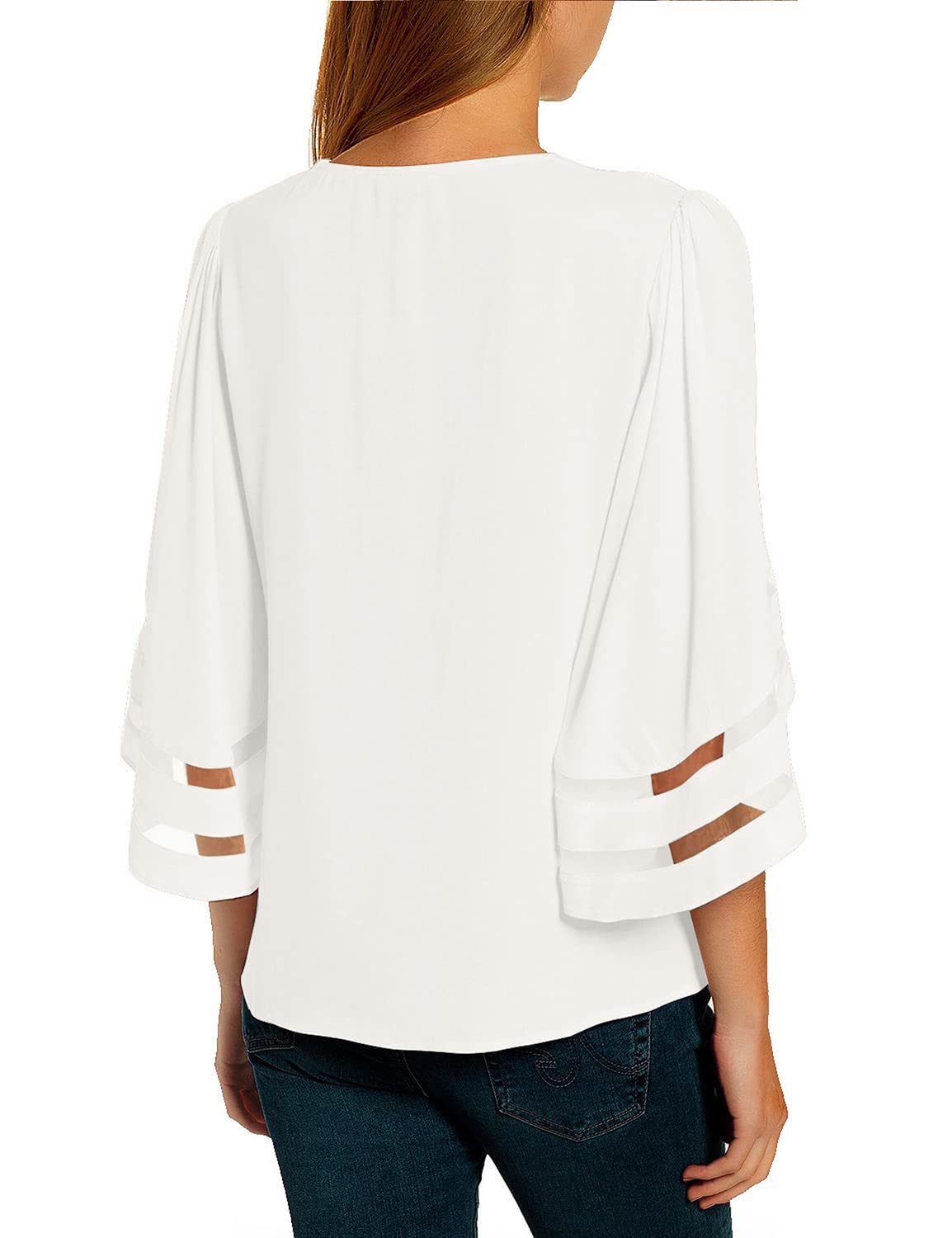 LookbookStore Women's Trendy 2024 V-Neck Mesh Panel Blouse with 3/4 Bell Sleeves - Elegant Casual Tops for Work, Date Night & Spring Outfits