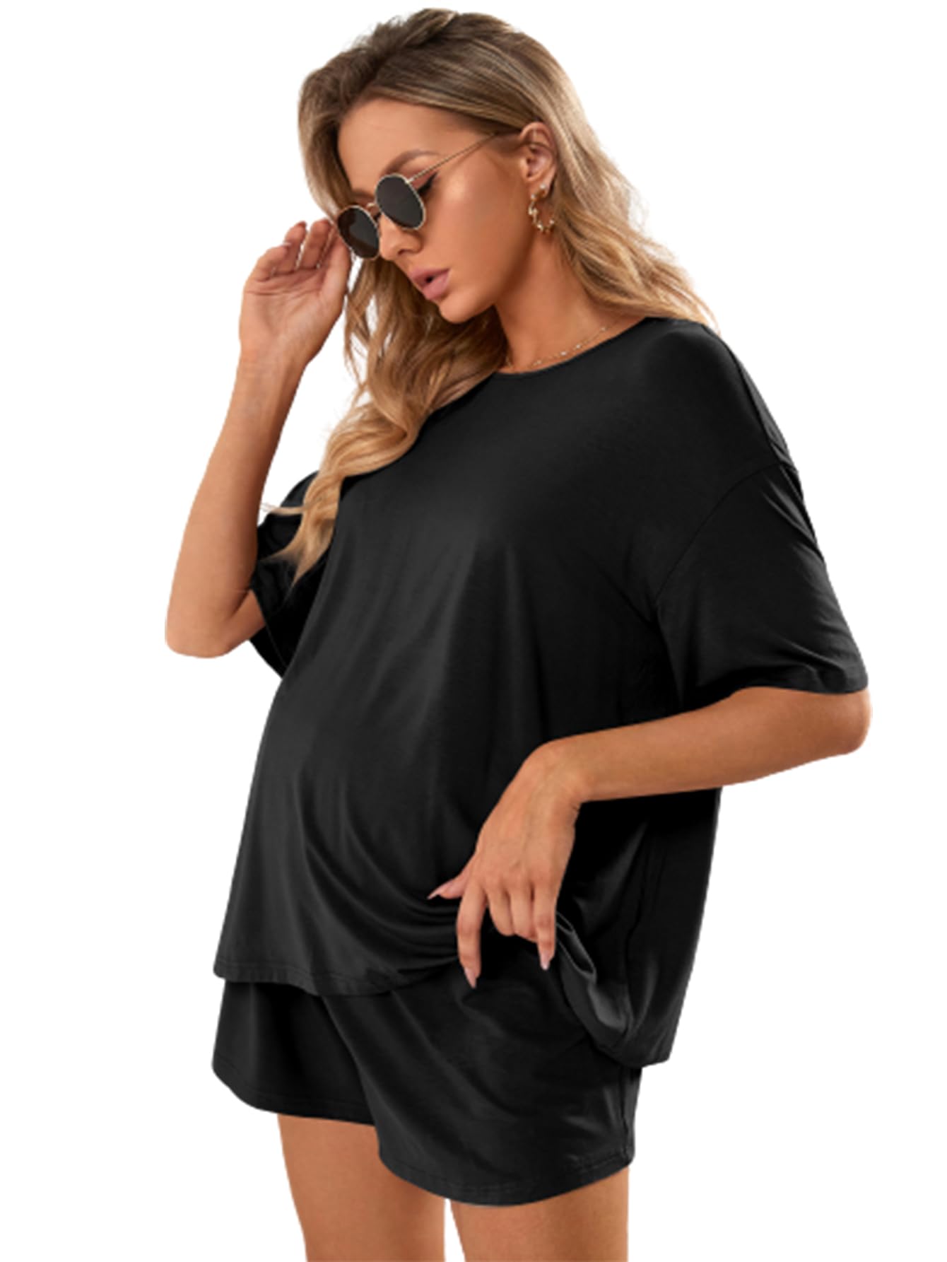 Verdusa Women's Maternity Pajama Set - 2 Piece Drop Shoulder Nursing Sleepwear, Soft Lounge Shorts & Top for Pregnant Women - Perfect for Nighttime Comfort, Breastfeeding & Relaxing at Home