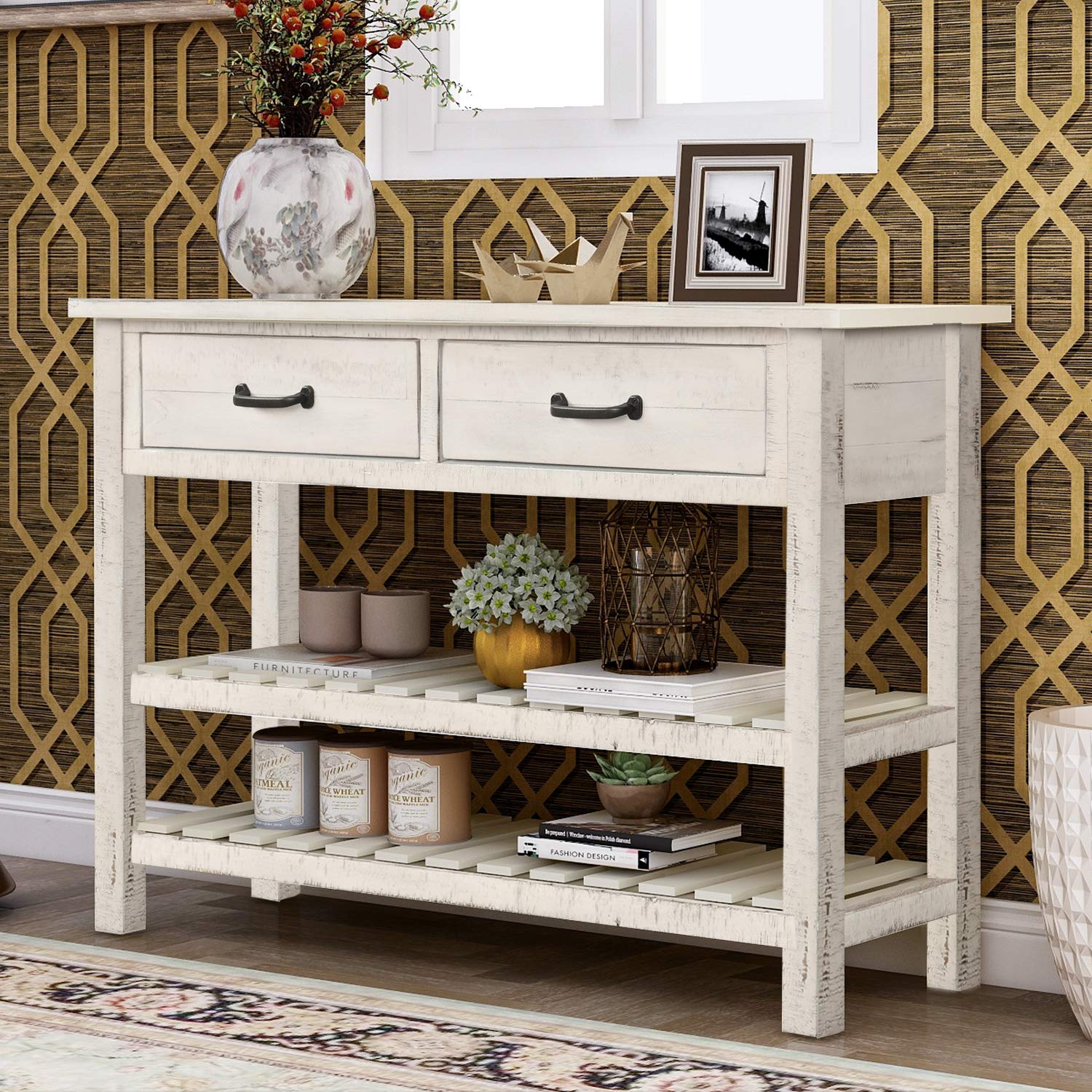 Vintage White Bedside Table with Drawers and Shelf - Multi-Functional Sofa Table, Coffee Table, Console Table for Living Room, Entryway, Bedroom - Retro Home Furniture for Small Spaces & Modern Decor