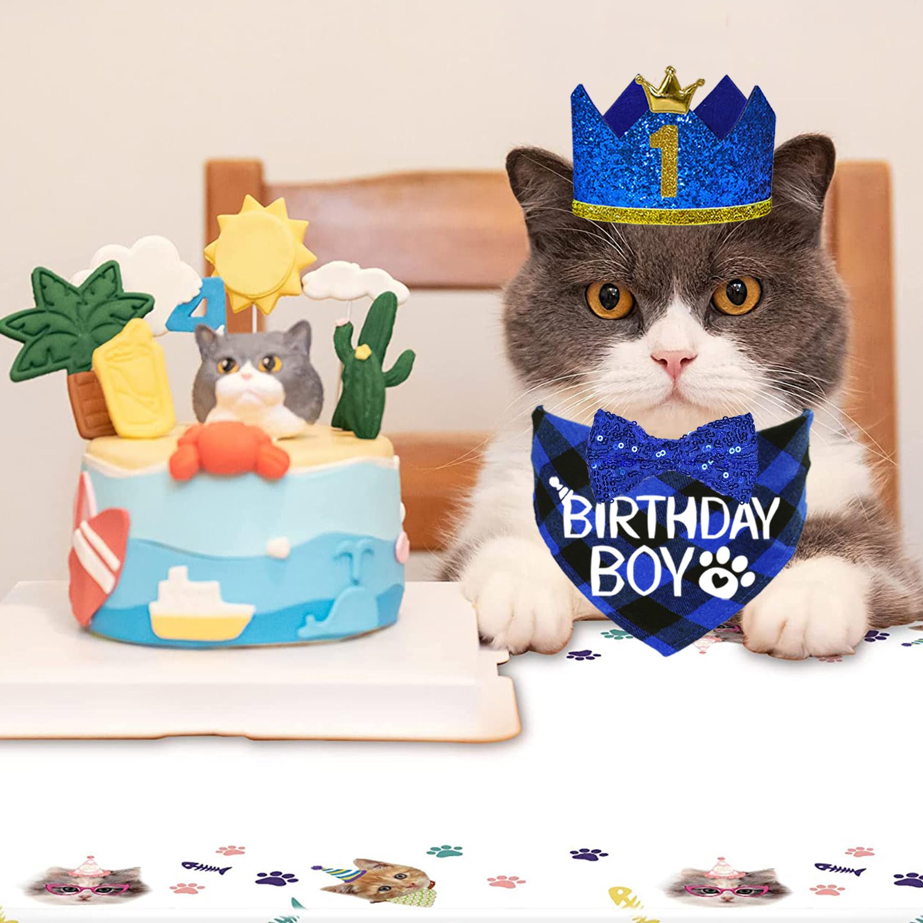 STMK Cat Birthday Party Supplies Set - Cat Birthday Hat with Numbers, Bandana & Bow Tie for Birthday Boy - Perfect for Cat Birthday Decorations & Themed Parties