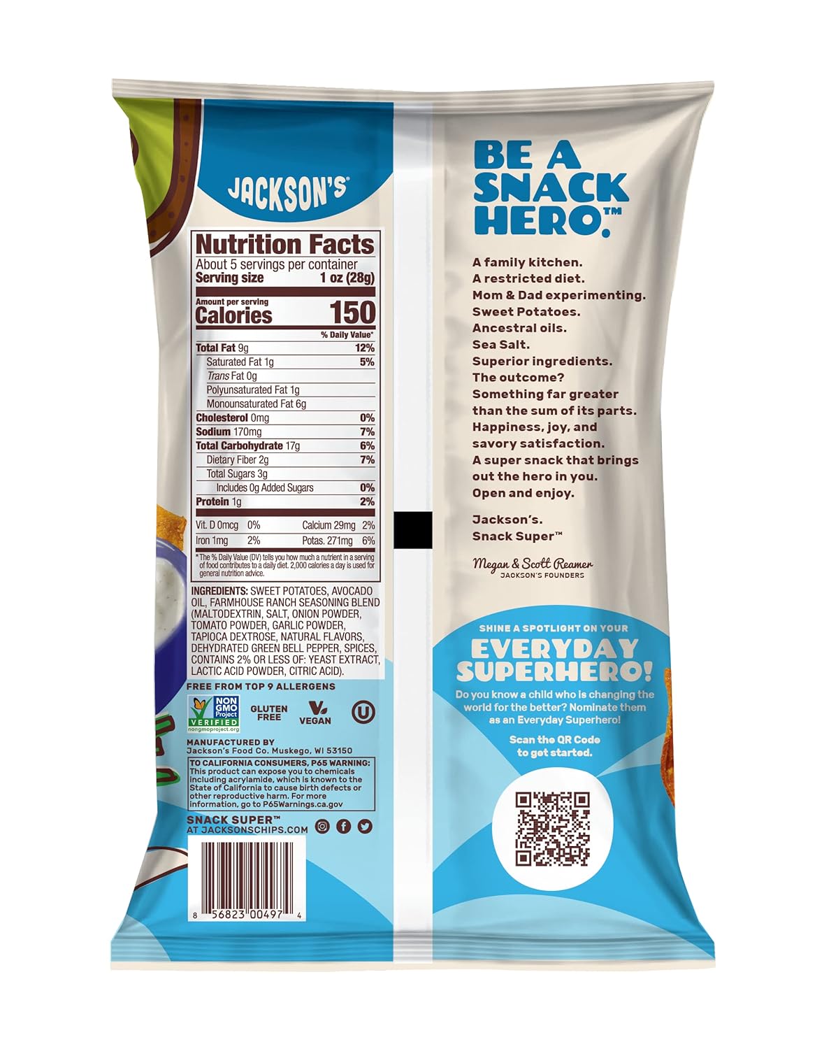 Jackson's Avocado Oil Farmhouse Ranch Potato Chips - Gluten-Free, Non-GMO, Keto-Friendly Snacks for Parties, Picnics & Healthy Lifestyle