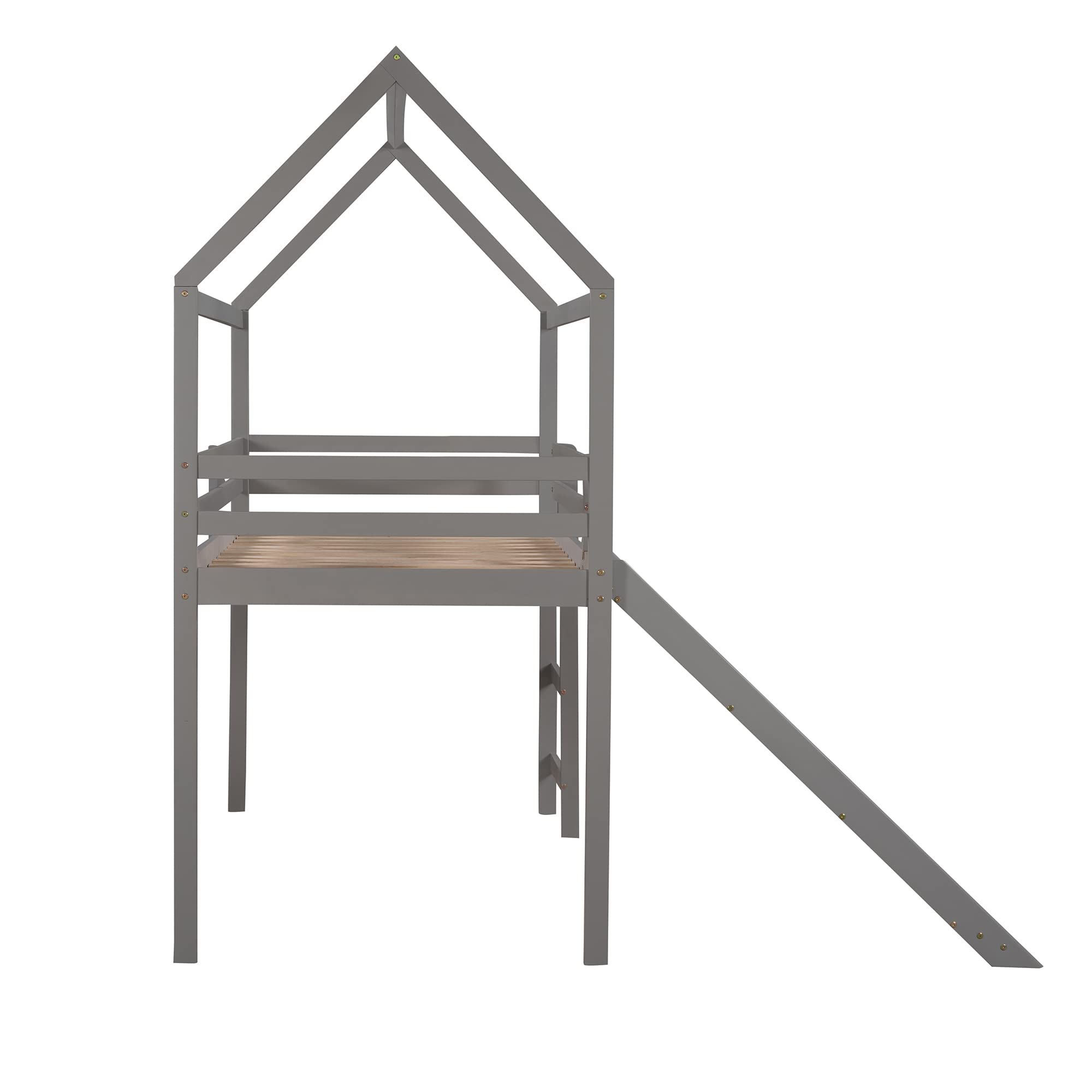 **Twin Size Wooden Tent Bed Frame with Roof & Slide - Kids Playhouse Loft Bed with Safety Fence, Nursery Furniture for Boys & Girls (Gray) - Perfect for Bedrooms, Playrooms & Montessori Learning Spaces**