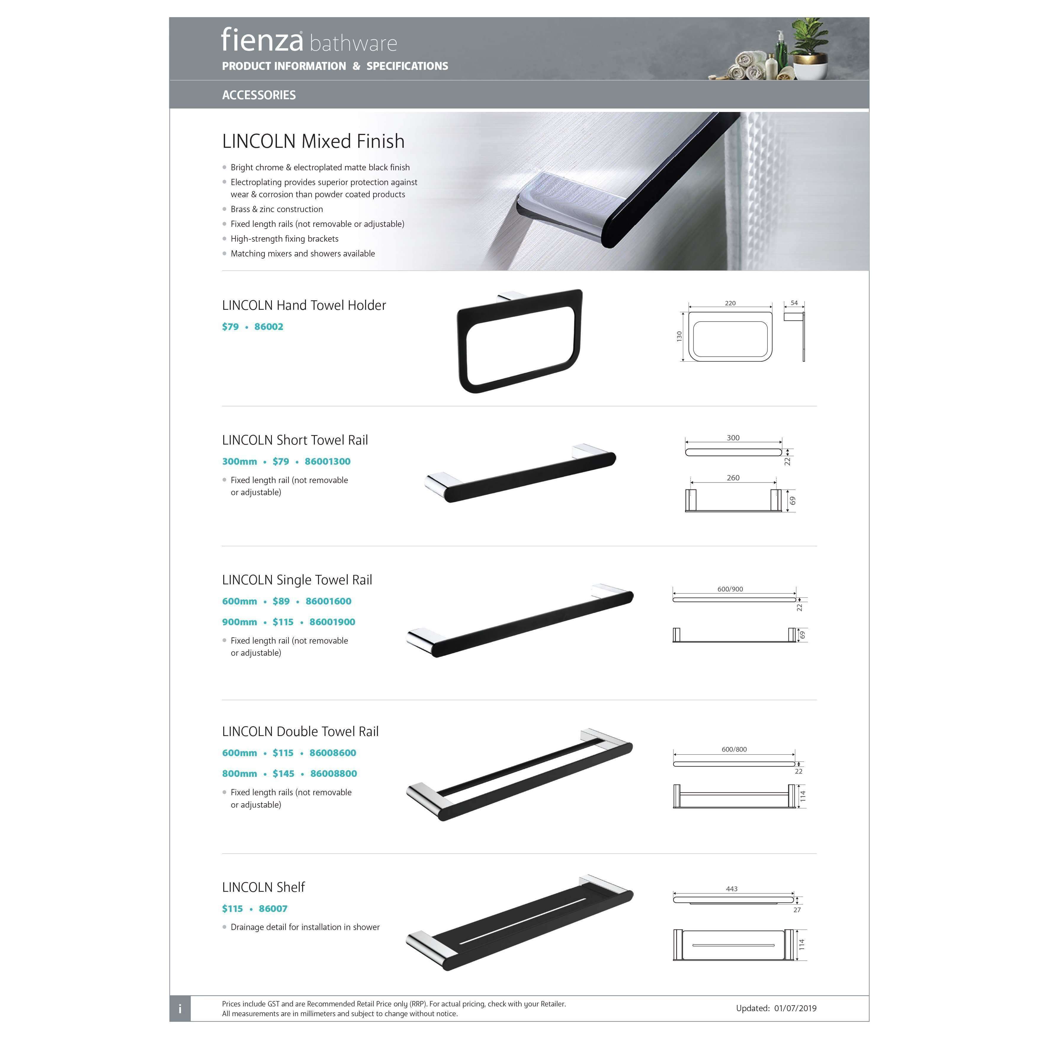 Fienza Lincoln 300mm Single Towel Rail in Black & Chrome - Premium Bathroom Accessory for Modern Homes (Model 86001300) | Perfect for Bathrooms, Spas & Guest Rooms