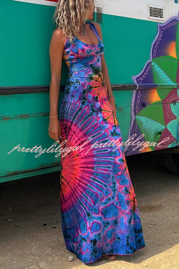 La Bamba Tie Dye Print Back Lace Up Stretch Maxi Dress - Boho Chic Summer Beach Dress for Women, Perfect for Vacations, Music Festivals & Date Nights