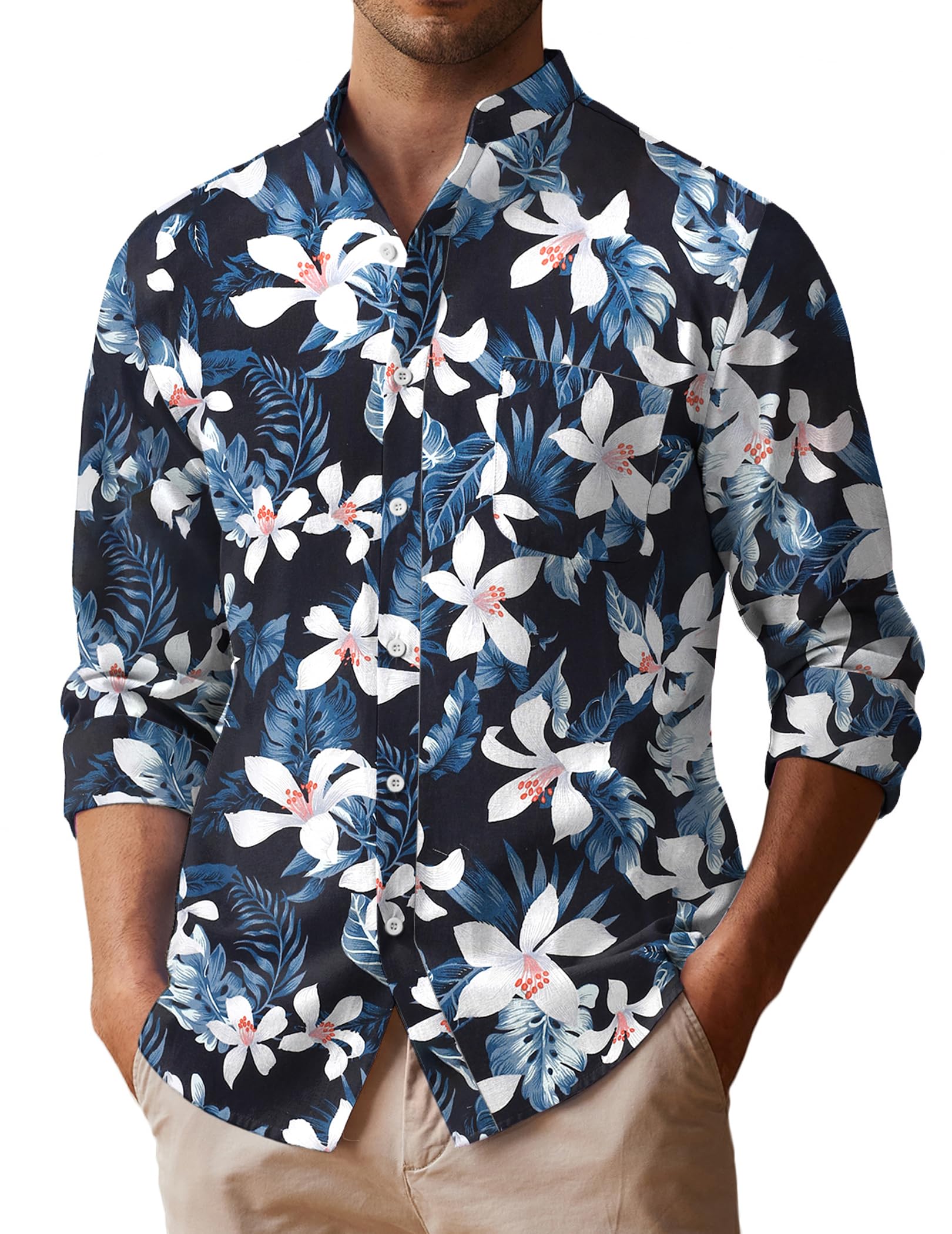 COOFANDY Men's Long Sleeve Linen Shirt - Breathable Band Collar Button Down Oxford Dress Shirt for Casual & Business Wear | Perfect for Office, Summer Outfits and Travel