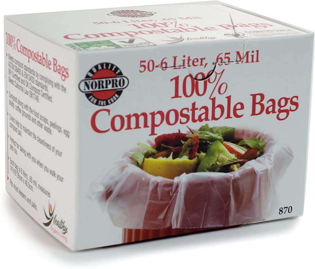 Norpro 100% Compostable Trash Bags - 50 Count Eco-Friendly Kitchen Waste Bags, Grey | Perfect for Food Scraps, Organic Waste & Sustainable Home Cleaning