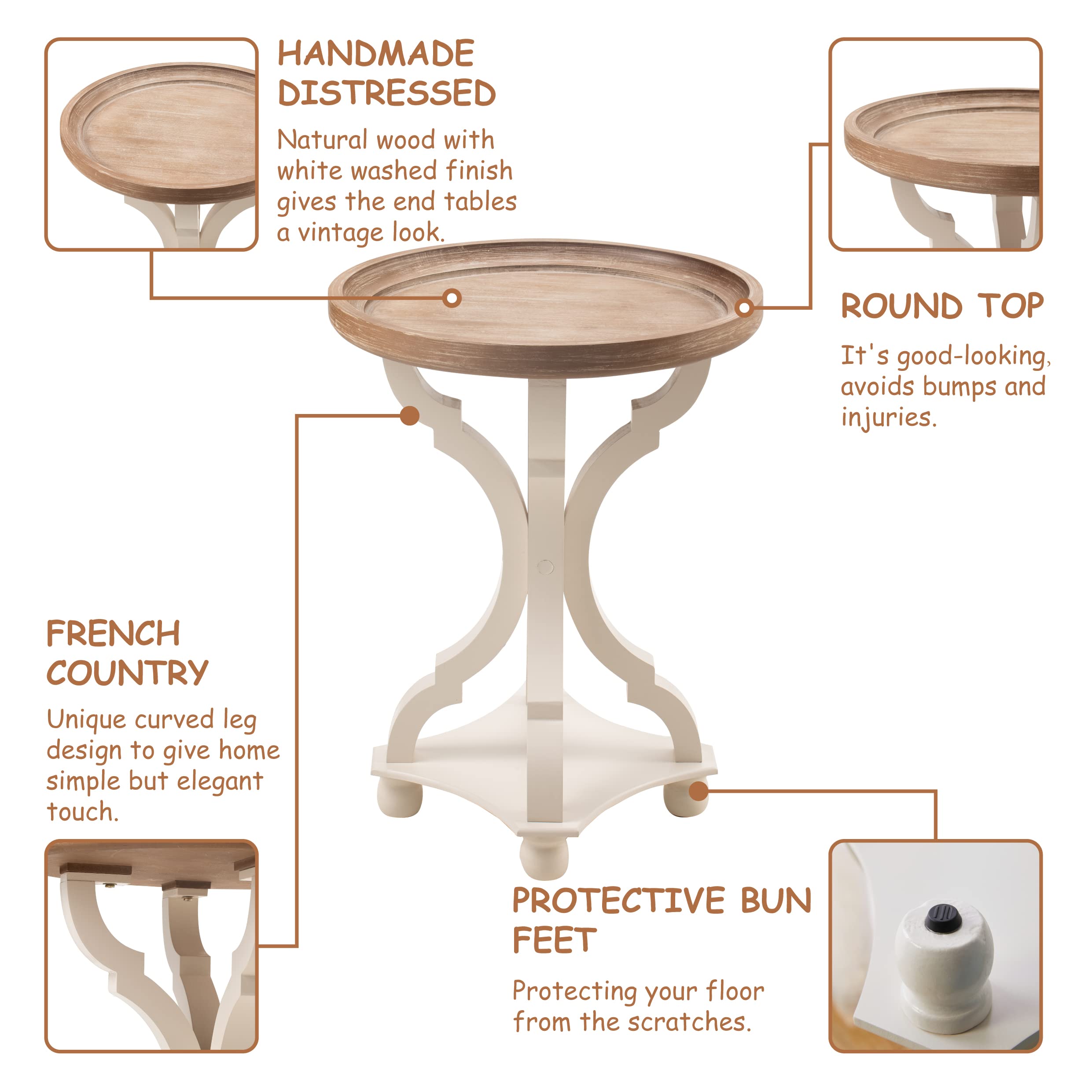 LONYKE Farmhouse End Table Set of 2 - Rustic Accent Side Tables with Natural Tray Top, Handcrafted Nightstands for Living Room, Bedroom & Dining Room - Modern Design with Concave Legs - Perfect for Coffee Storage, Reading Nook & Home Decor