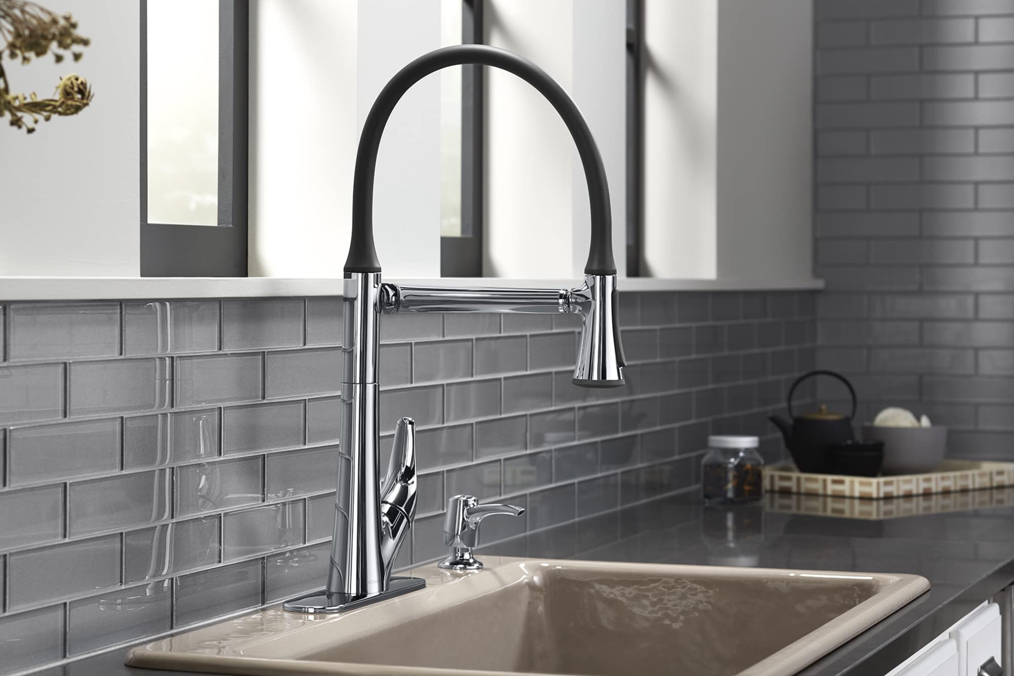 KOHLER R77764-SD-CP Arise Articulating Pull Down Kitchen Faucet with Sprayer & Soap Dispenser - Polished Chrome - Modern Kitchen Sink Faucet for Easy Dishwashing & Food Prep