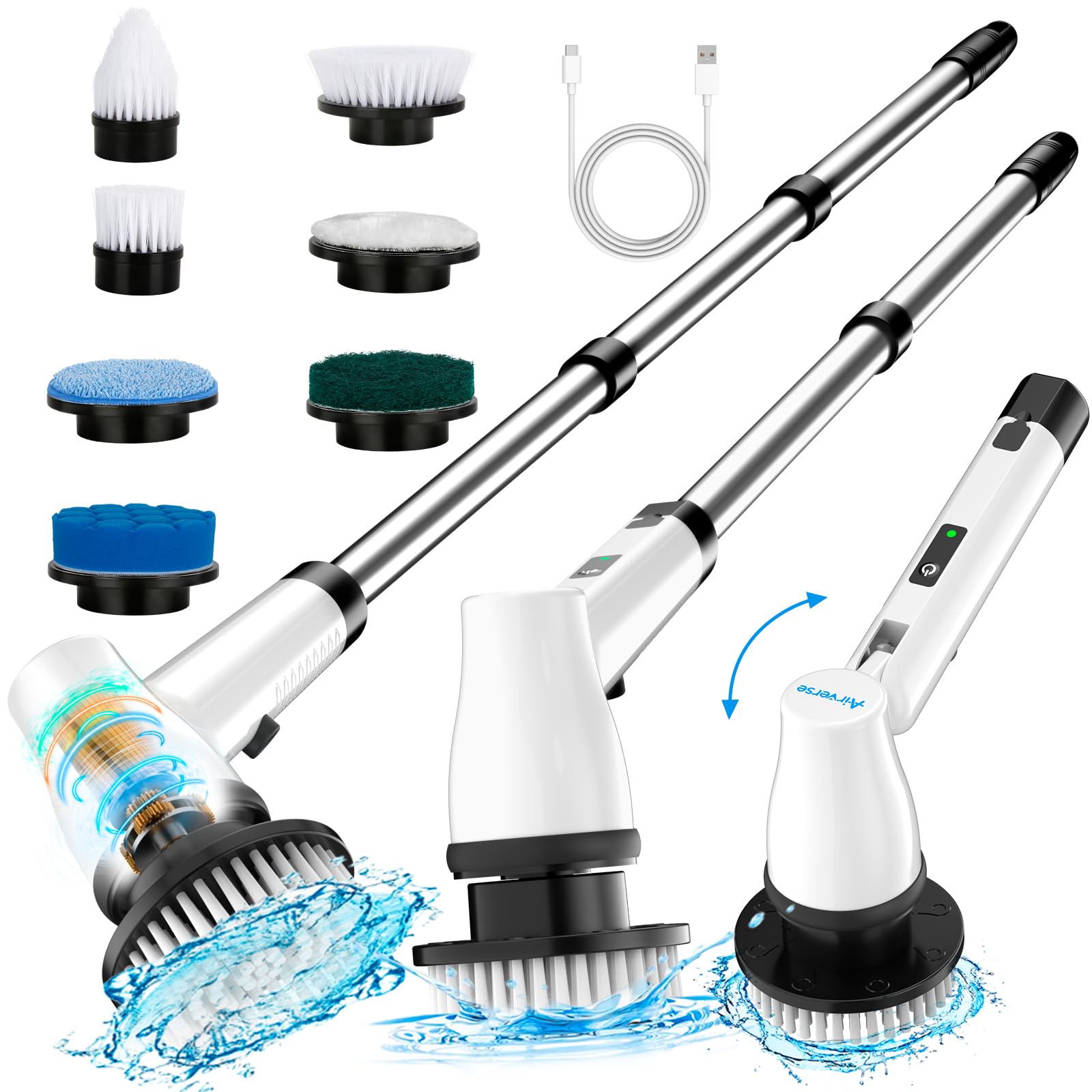 420RPM Electric Cleaning Brush with 7 Replaceable Heads & Adjustable Handle - Powerful Rotary Scrubber for Bathroom, Kitchen, Tile, Floor, Car Detailing - Deep Clean Grout, Sinks, Showers & Hard-to-Reach Areas