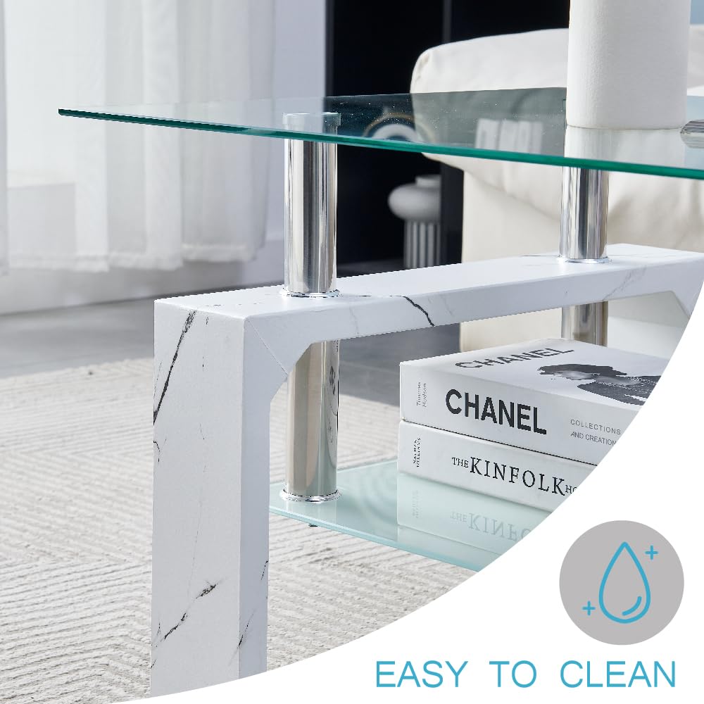 Modern Rectangle Coffee Table with Wooden Legs & Glass Top - Marble Finish Living Room Side Table with Lower Shelf - Perfect for Lounge, Waiting Room & Office Spaces